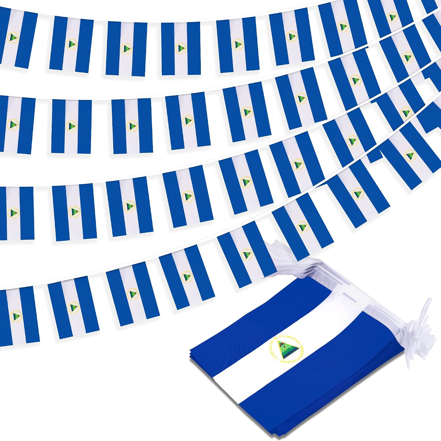 Nicaragua String Flag Pennant Banner, Small Mini Nicaraguan Flags Bunting Banner, National Country Decoration for School, Party, Sports Events, Patriotic Festival, 33 Feet 30 Flags