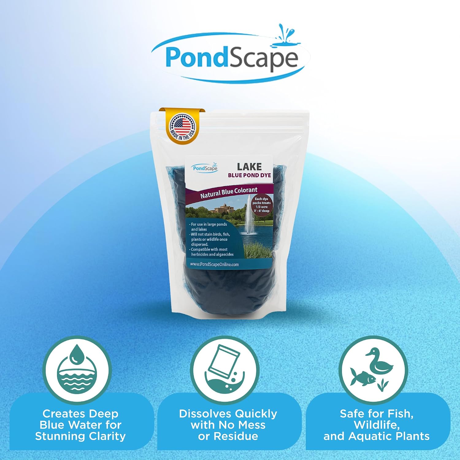 PONDSCAPE Lake Blue Pond Dye – Each Water Soluble Packets Treats 1/3 Acre, 3'-6' Deep - for Ponds