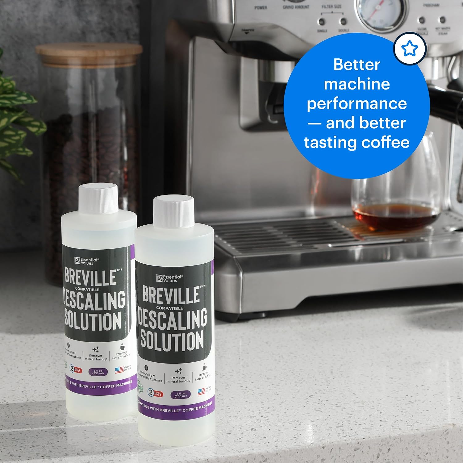 Essential Values Universal Descaling Solution, Made in the USA for Delonghi, Keurig, Breville,Nespresso (2 Uses) Coffee Machine Descaler Cleaner for all Automatic Coffee Makers & Espresso Machines