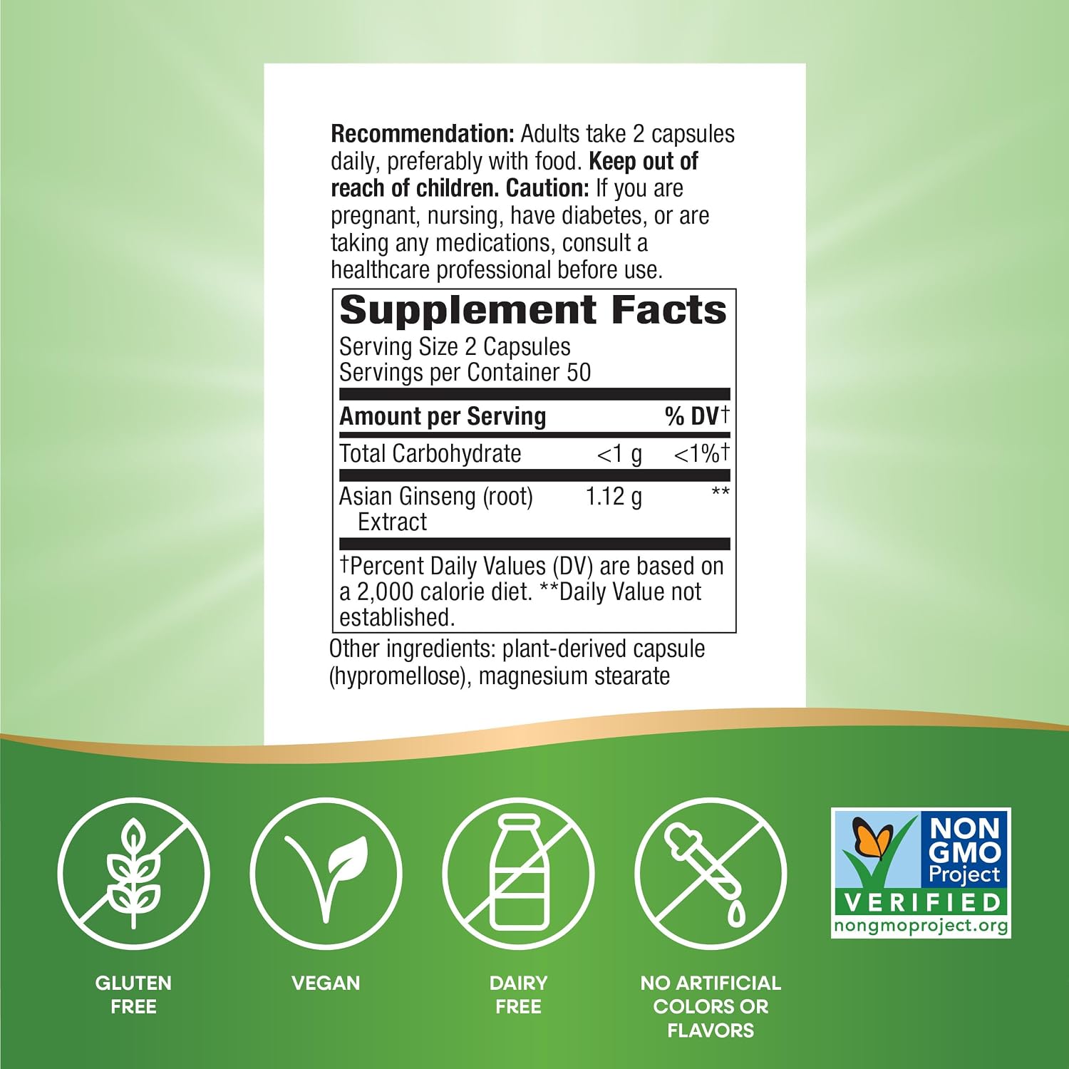 Nature's Way Asian Ginseng, Fights Fatigue*, 1,120mg per Serving, 100 ct | Dietary Supplement, Non-GMO Project Verified, Vegan Capsules