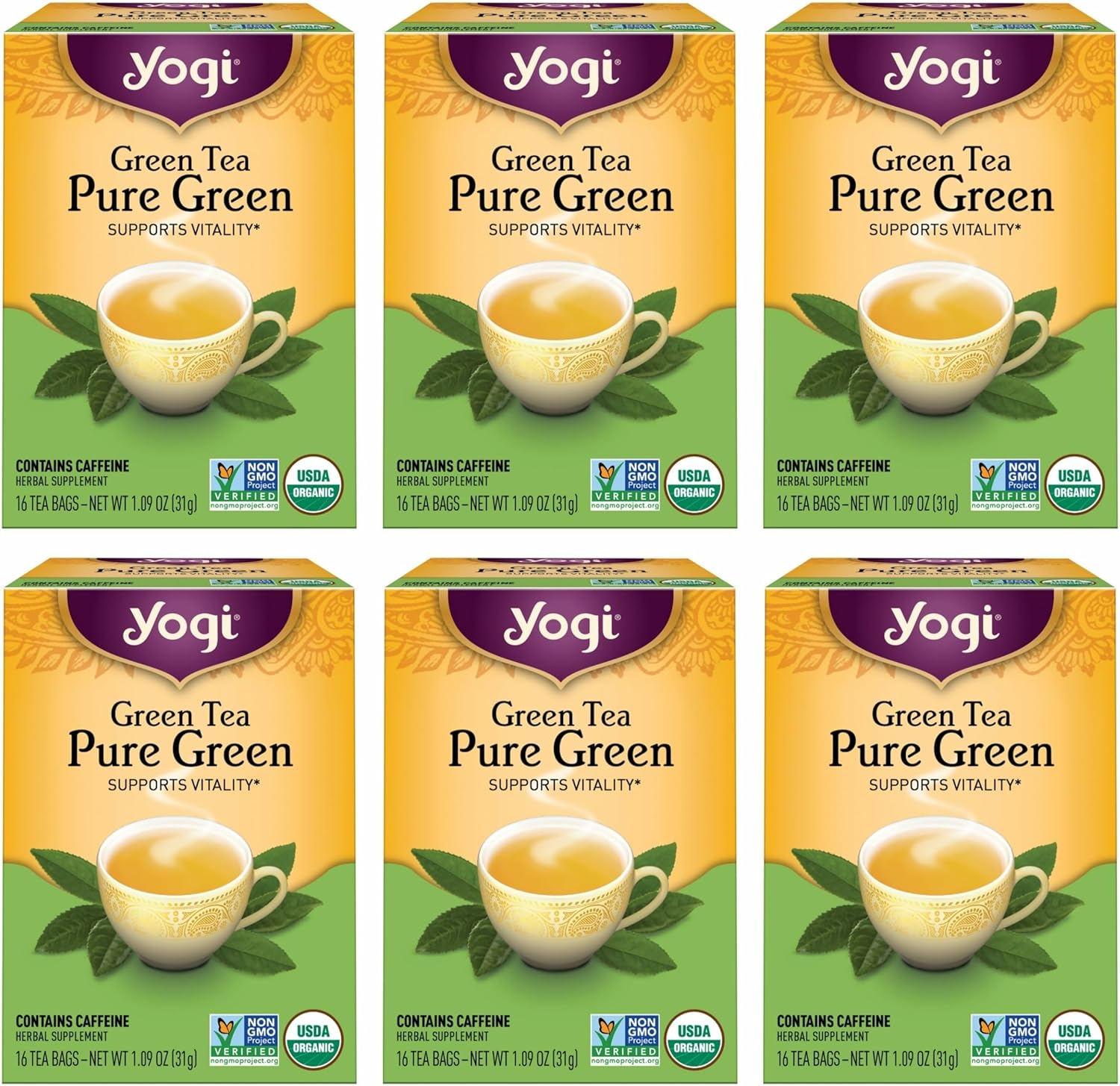 Yogi Pure Green Tea, 16 Tea Bags (6 Pack) | Organic Green Tea That Supports Overall Health and Provides Antioxidants