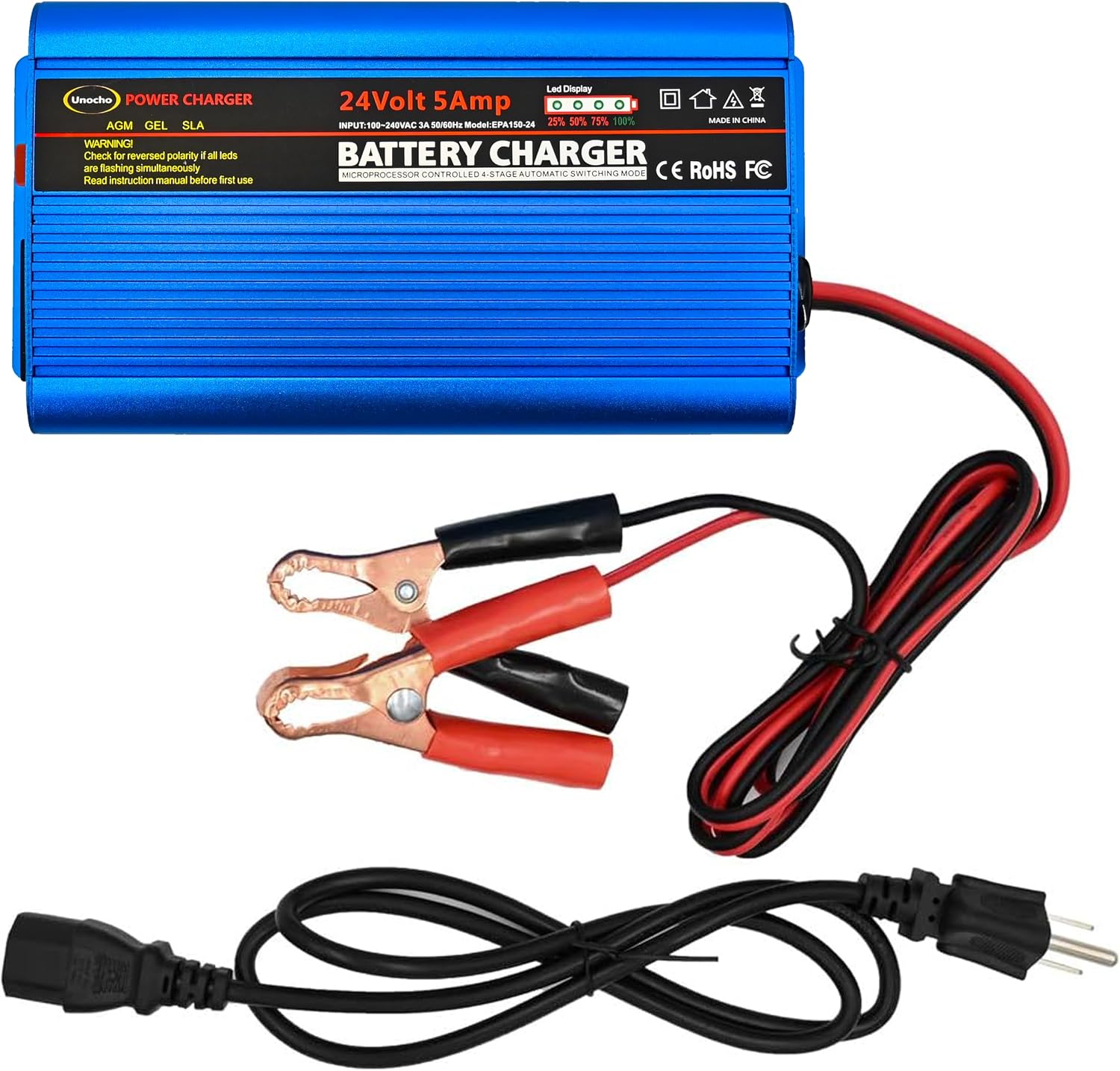 Unocho 24V 5A Battery Charger Maintainer 4-Stage Smart Lead-Acid Charger with 3-Pin XLR Connector Power Switch and LED Display for Wheelchairs Mobility Scooters AGM Gel SLA VRLA