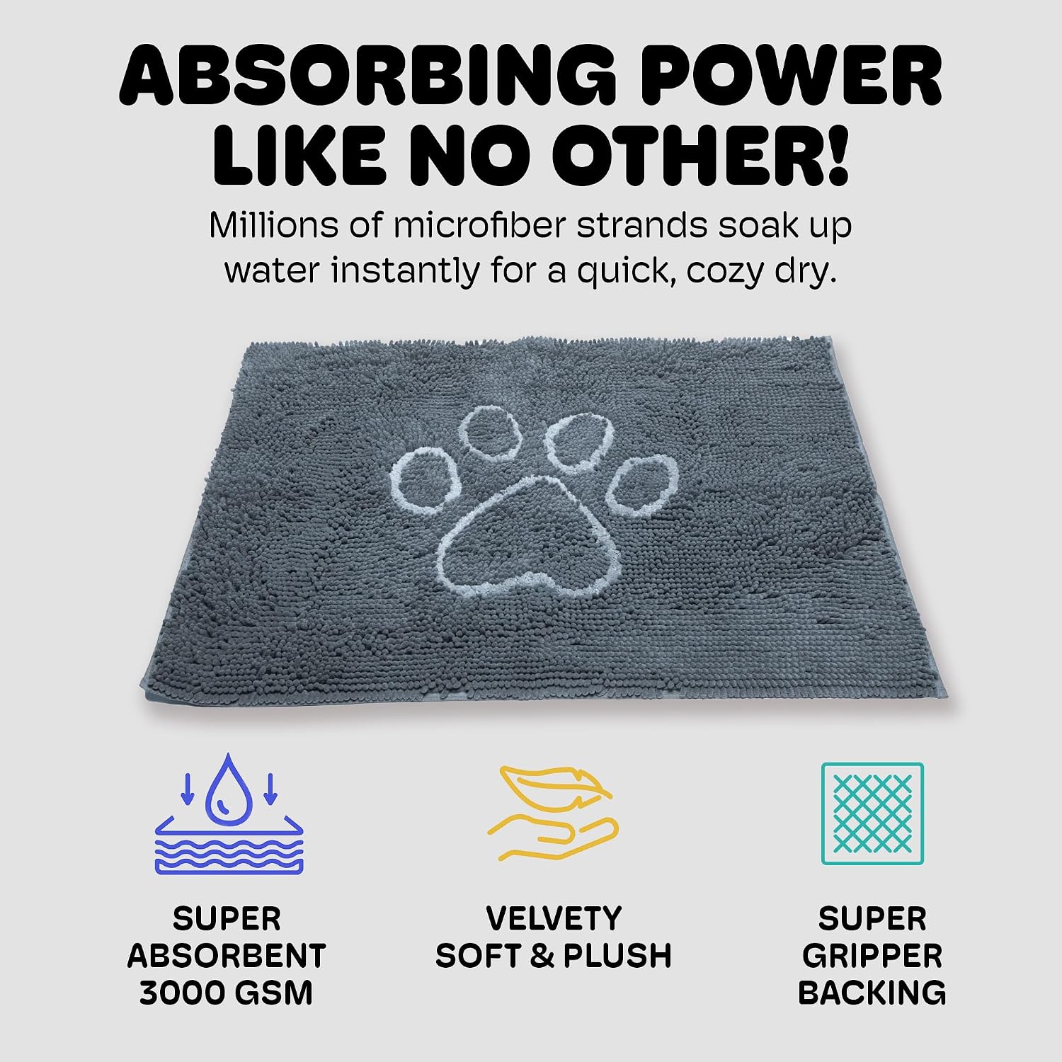 Dog Gone Smart Dirty Dog Doormat - Fast Drying Rug with Super Gripper Backing for Clean Floors - Super Absorbent and Machine Washable Mat for Muddy Paws - Grey