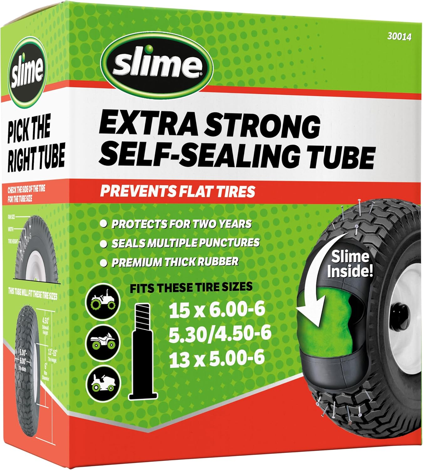 Slime 30014 Inner Tube for riding lawn mowers, ATVs, quads, tractors and other farm equipment, Extra Strong, Includes Self-Sealing Slime Sealant, Heavy Duty, 15x6.00-6" / 5.30/4.50-6" / 13x5.00-6"