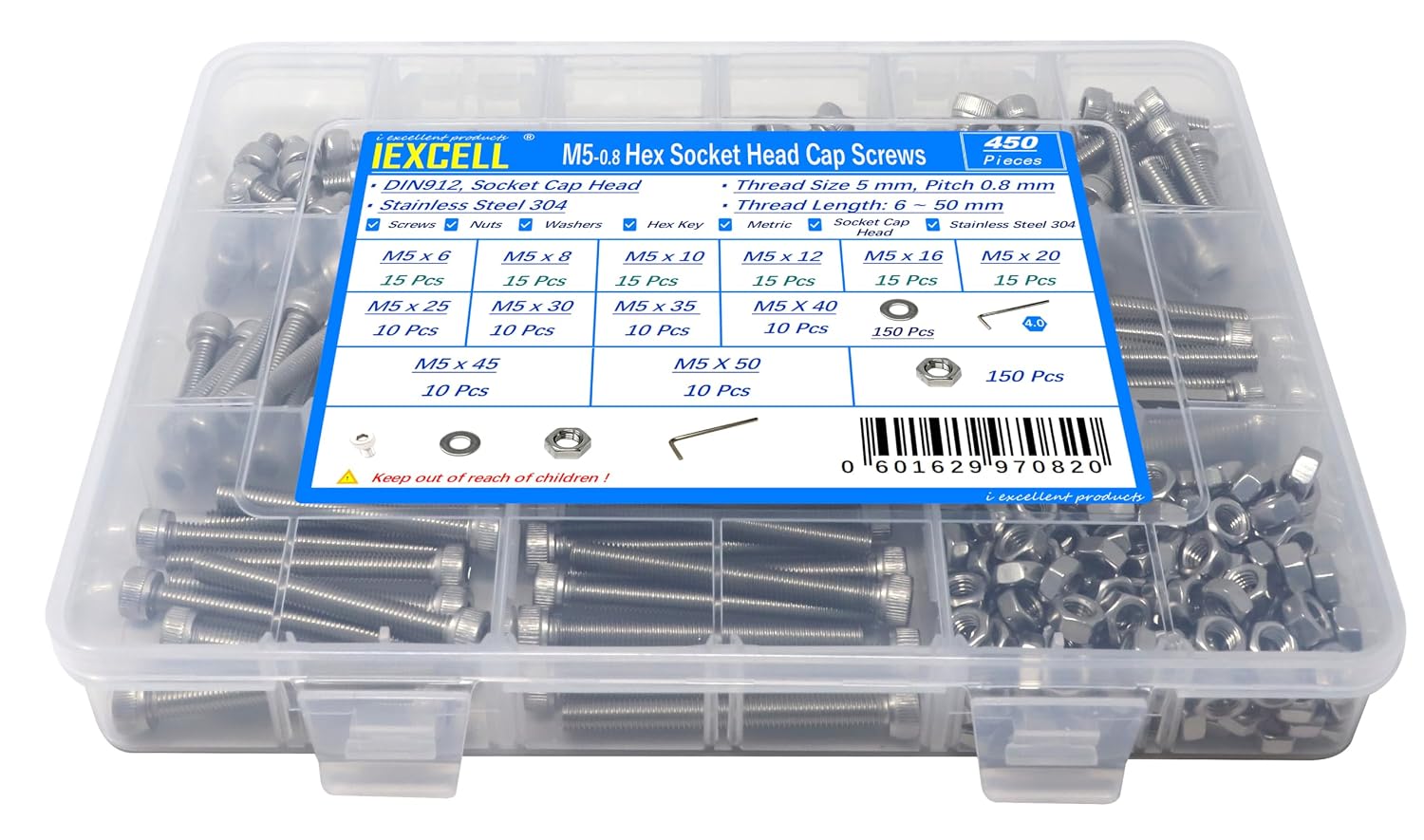 iexcell 20 Pcs M8 x 30/35/40/45/50 mm Stainless Steel 304 Hex Socket Head Cap Screws Bolts Assortment, Fully Threaded
