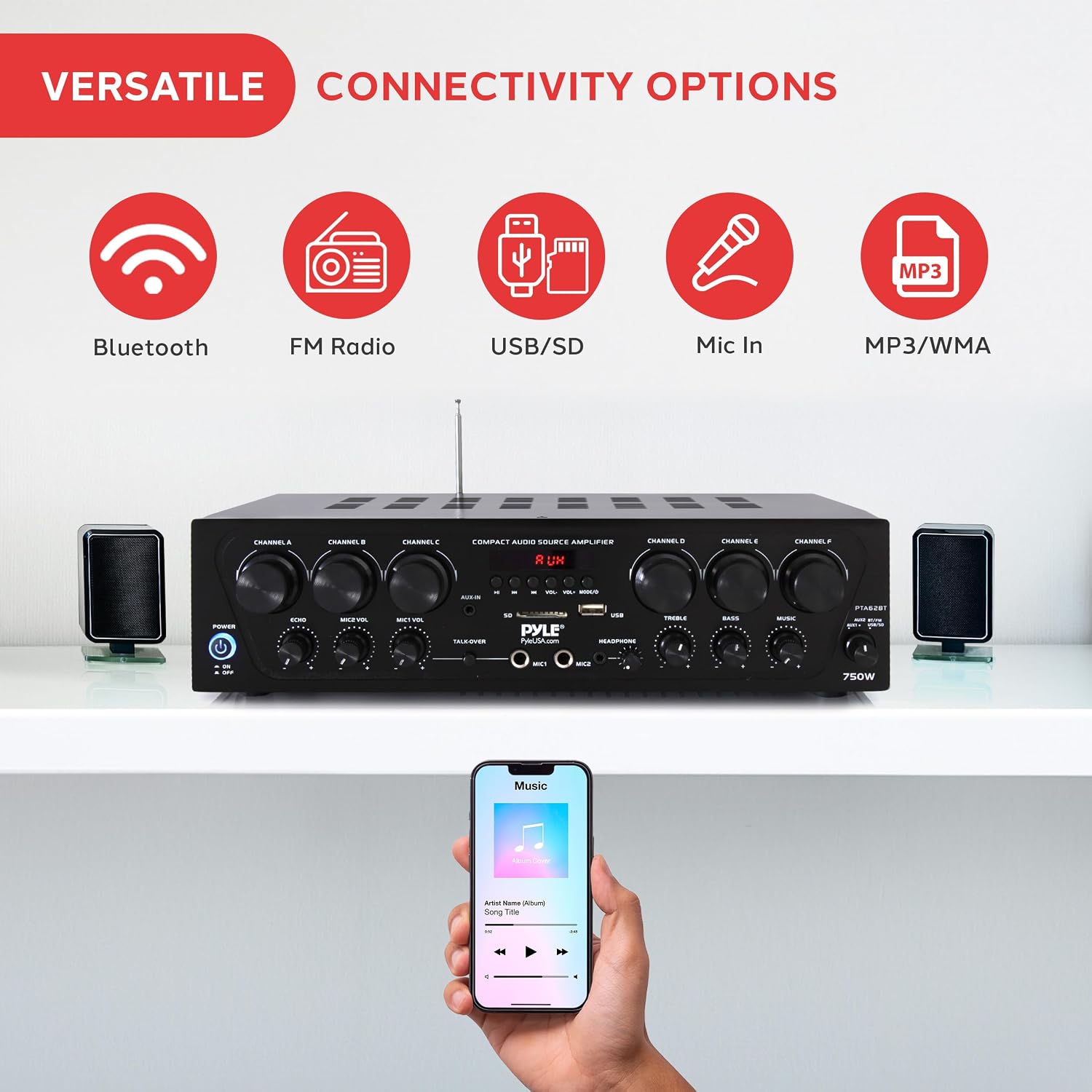 Pyle Bluetooth Wireless Home Amplifier System - Upgraded 6 Channel Audio, 750 Watt Power, Easy Karaoke, Stereo Receiver w USB-A, Micro SD, Headphone