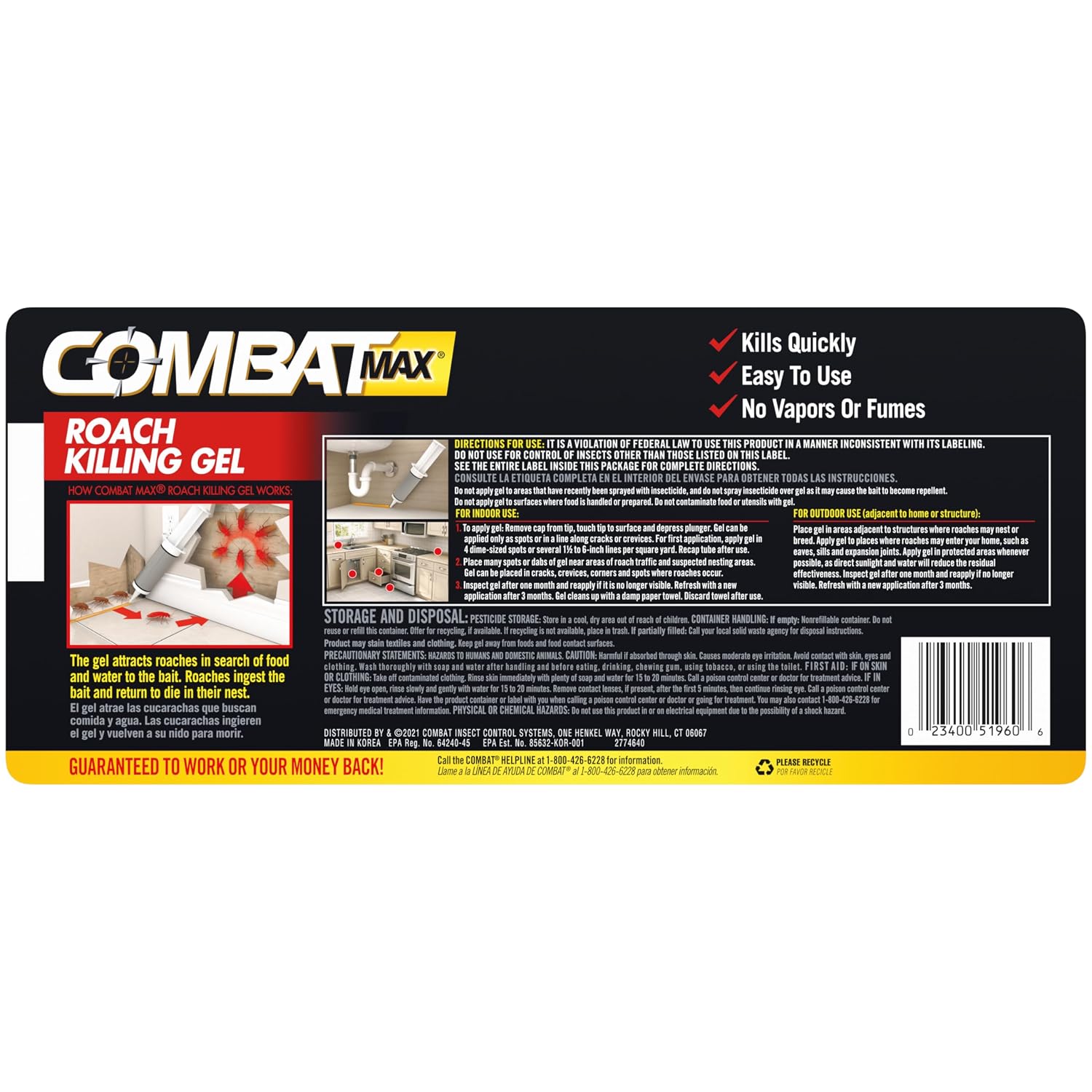 Combat Max Roach Killing Gel, Indoor and Outdoor Use, 1 Syringe, 2.1 Oz | Starts working in hours, fast control of large roaches, long residual action, unscented, transparent gel