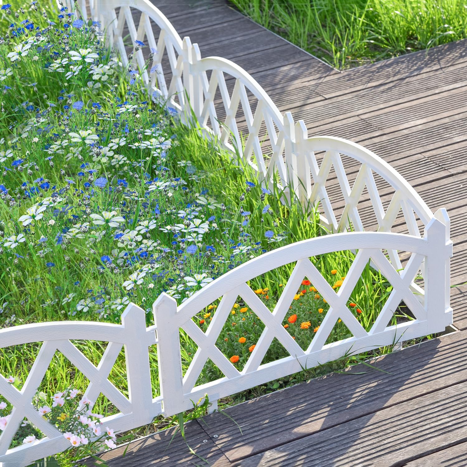 Sungmor Plastic Garden Fence Border Set - Lightweight Decorative Landscape Edging Panels, White Flower Bed Lawn Border - Easy Install for Soft Soil