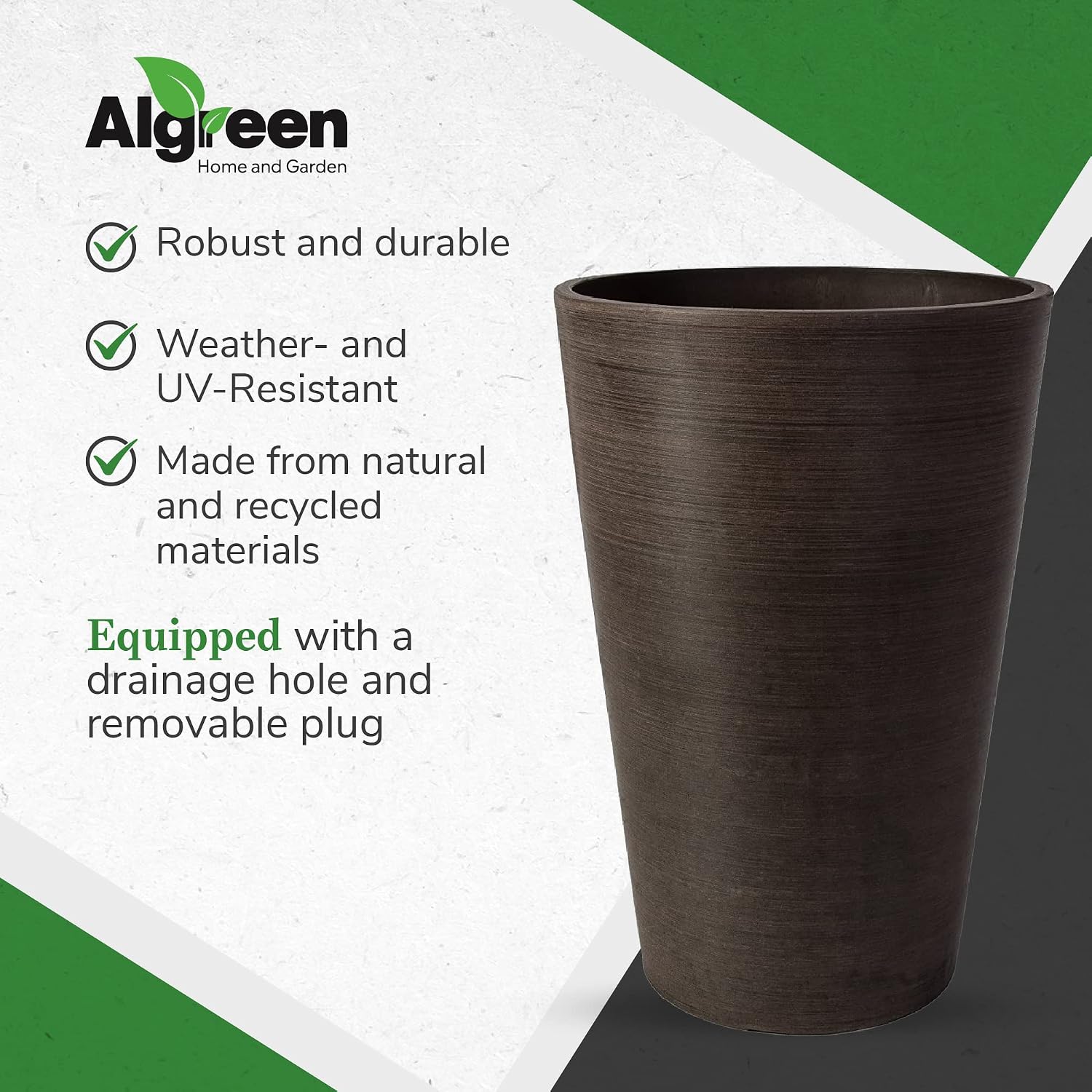 Algreen Valencia Round Planter Pot, 12.25 by 18-Inch, Textured Brown | Round Shape, Indoor Use, UV And Weather Resistant, Drainage Hole With Removable Plug, Lightweight 5.51 lb