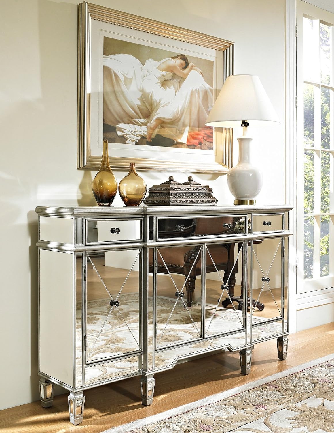60" Silver Wood Frame Mirrored Panels Andrea Storage Sideboard Buffet Cabinet for Living Room
