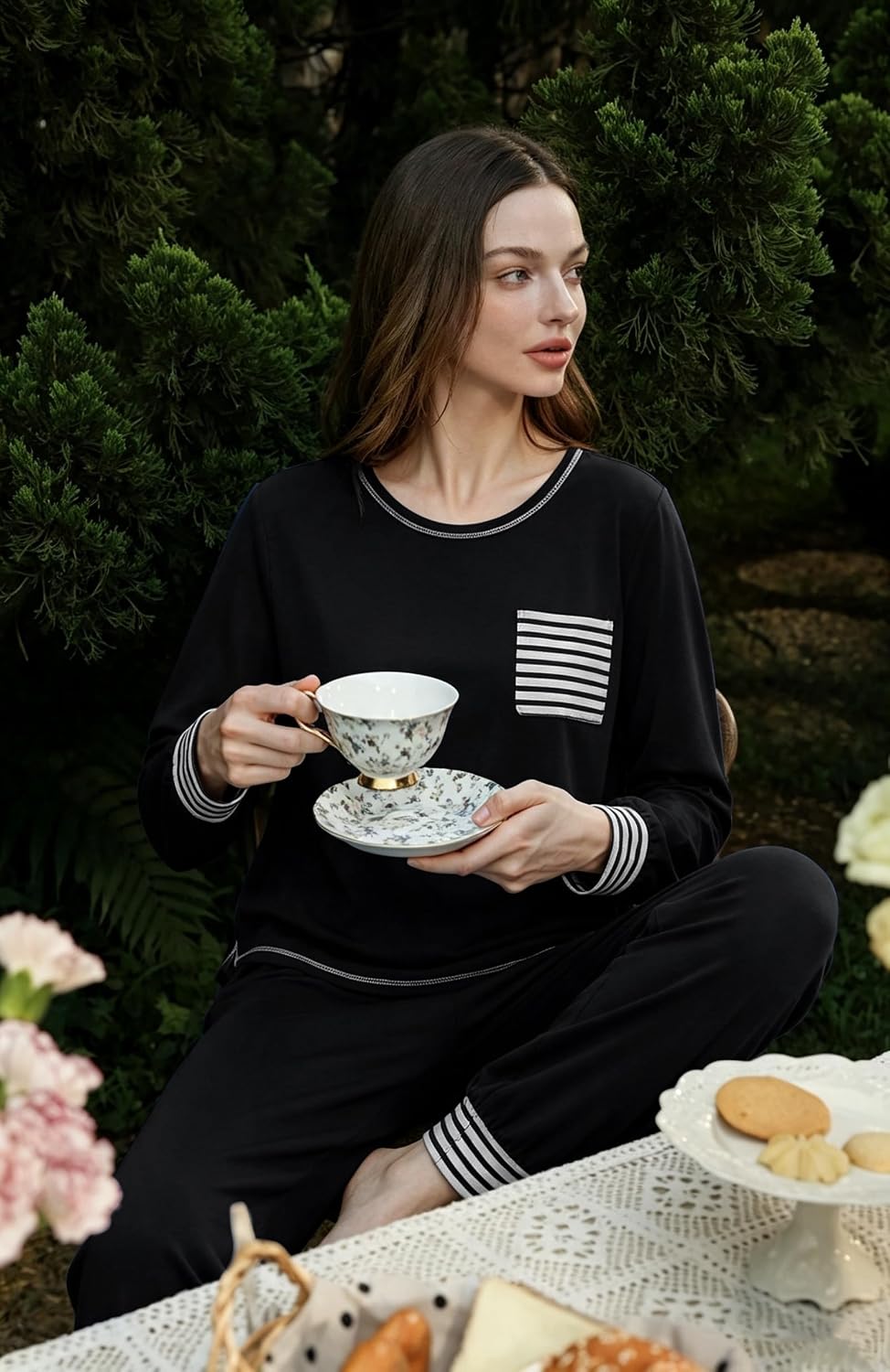 SWOMOG Women’s Pajamas Set Long Sleeve Sleepwear with Long Pants Soft Modal Loungewear Pj Set