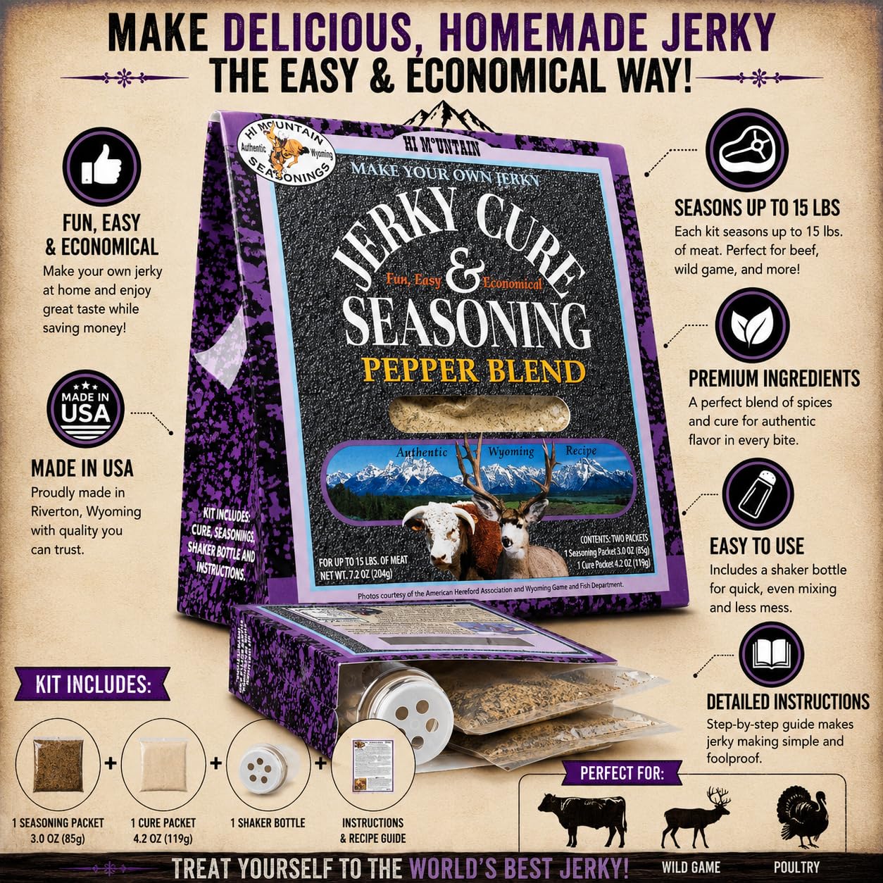 Hi Mountain PEPPER BLEND Jerky Seasoning and Cure Kit | Beef & Venison | Classic cracked pepper flavor, perfect jerky seasoning for deer, elk