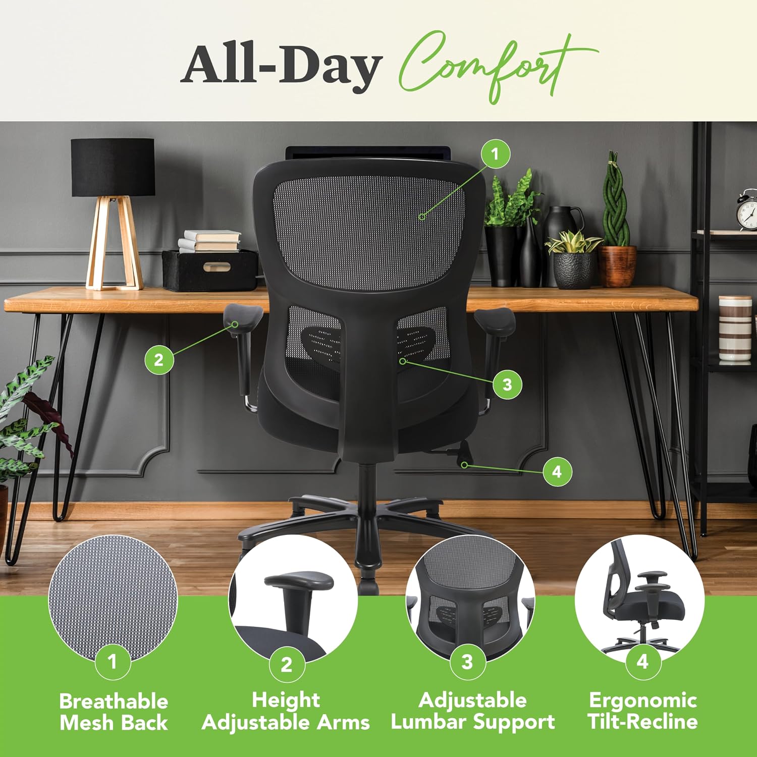 HON Sadie Big and Tall Ergonomic Office Chair, Heavy Duty Desk Chair, Black | Big and tall ergonomic office desk chair for desk work, lumbar support, adjustable arms, mesh comfort, 350 lb capacity