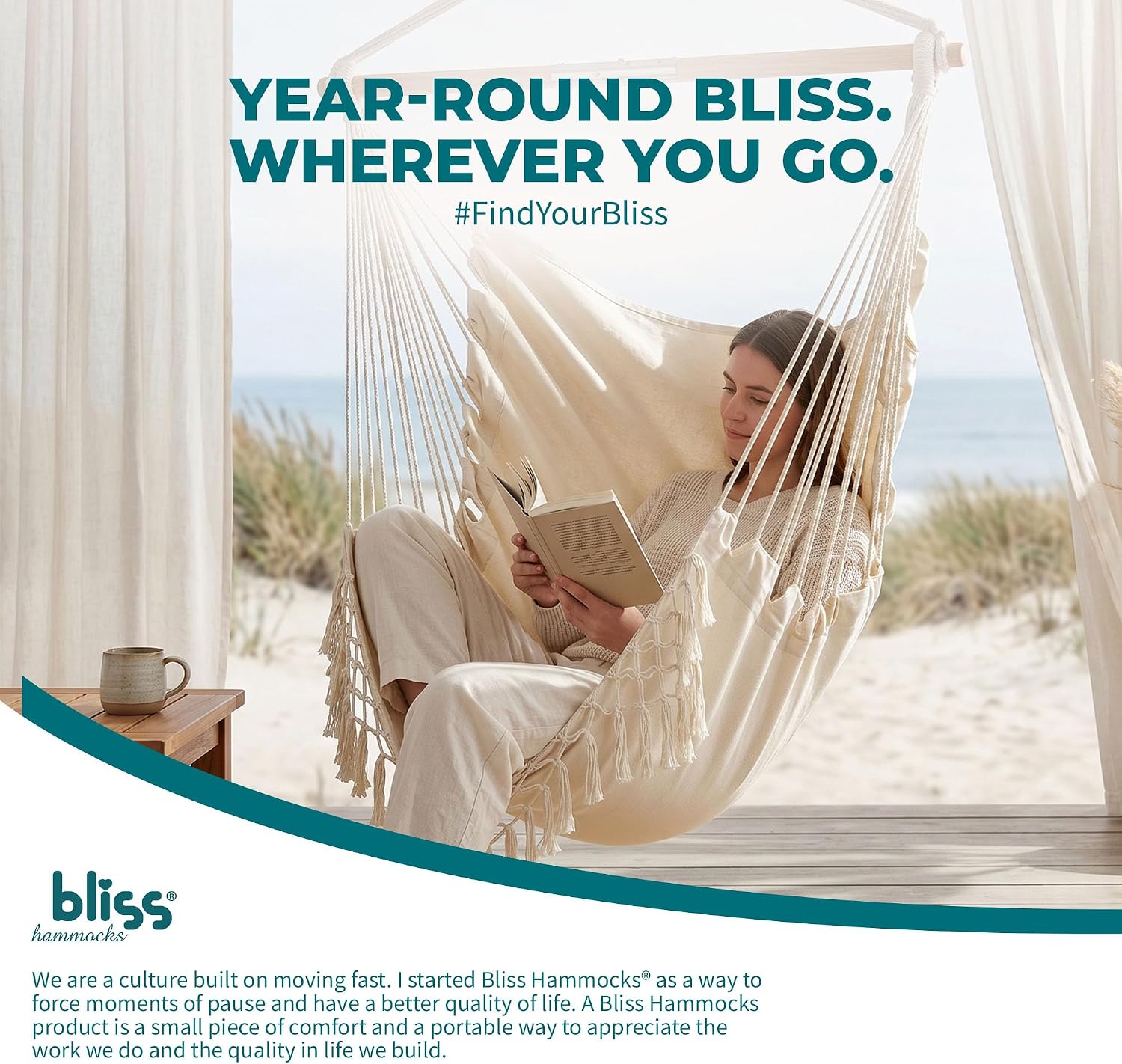 Bliss Hammocks BHC-412NT Island Rope Hammock Chair, Eco Friendly & Hand Woven, Varnish Coated 40 Inch Wood Spreader, Easy to Hang w/Included Hanging Kit, Supports up to 265 pounds, Natural Rope