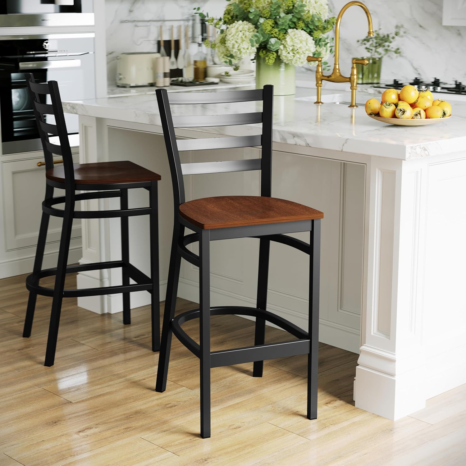 Flash Furniture Hercules Series Ladder Back Metal Restaurant Barstool, Modern Upholstered Armless Bar Height Chair for Restaurants and Kitchens, Black | Vinyl Upholstery, Durable Construction, Commercial Use