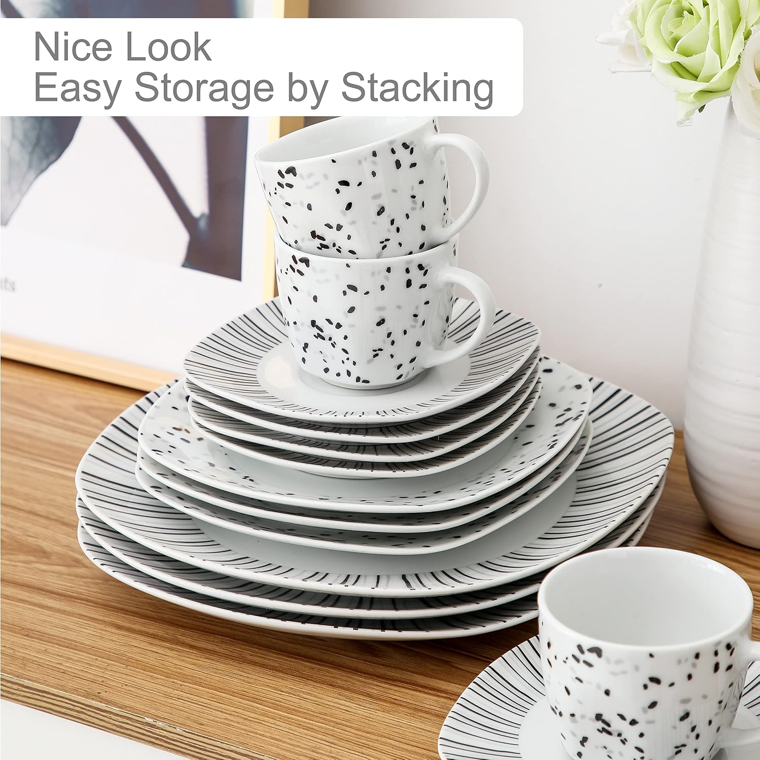 VEWEET 30 PCS Ceramic Dinnerware Sets for 6, Pink Floral Dish Set, ANNIE | Porcelain Dinner Set Including Dessert Plates, Soup Plates, Dinner Plates, Cups & Saucers, Microwave & Dishwasher Safe