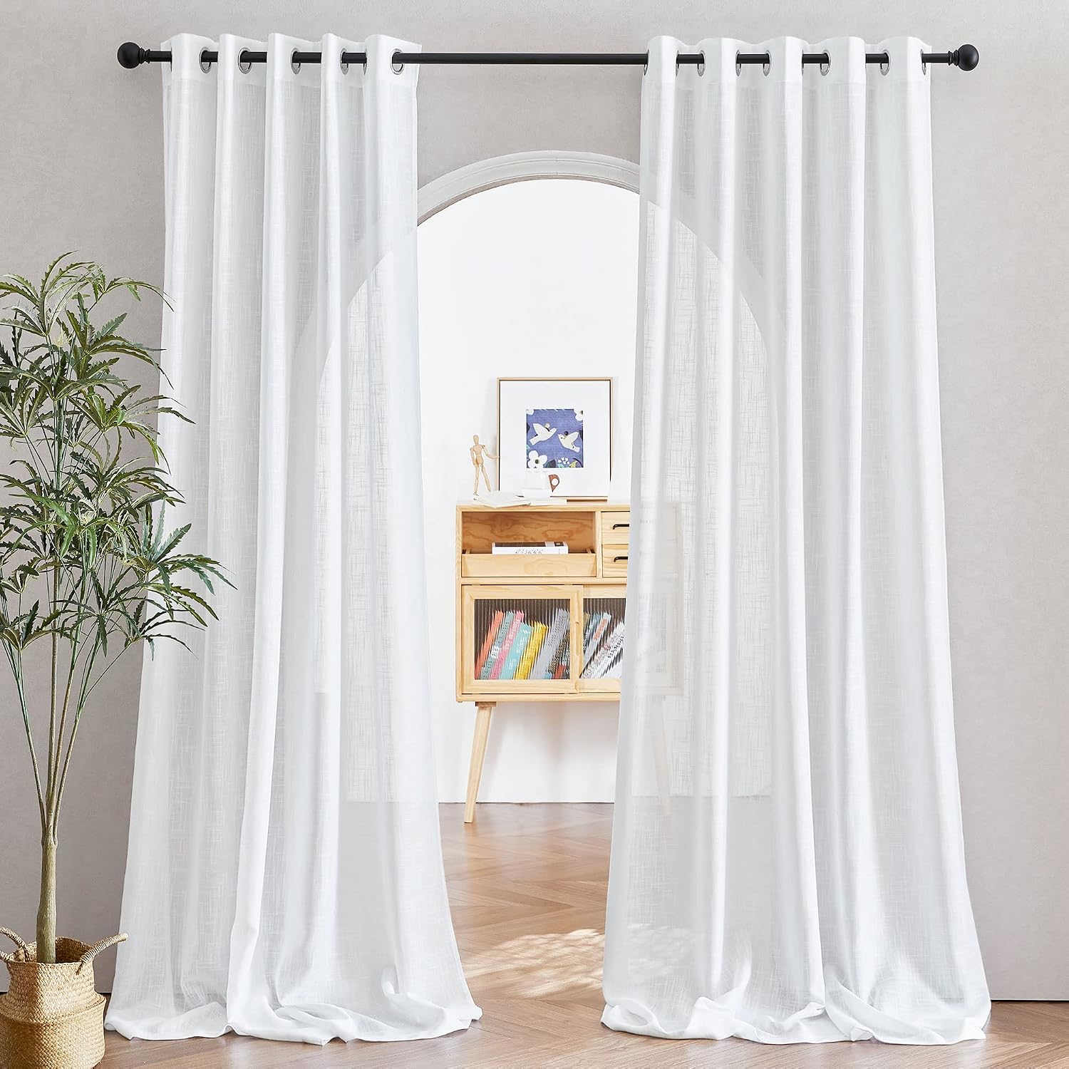 NICETOWN Linen Curtains White Semi Sheer 72 inch Long for Windows, Privacy with Light Filtering Grommet Top Window Treatments for Bedroom/Living Room