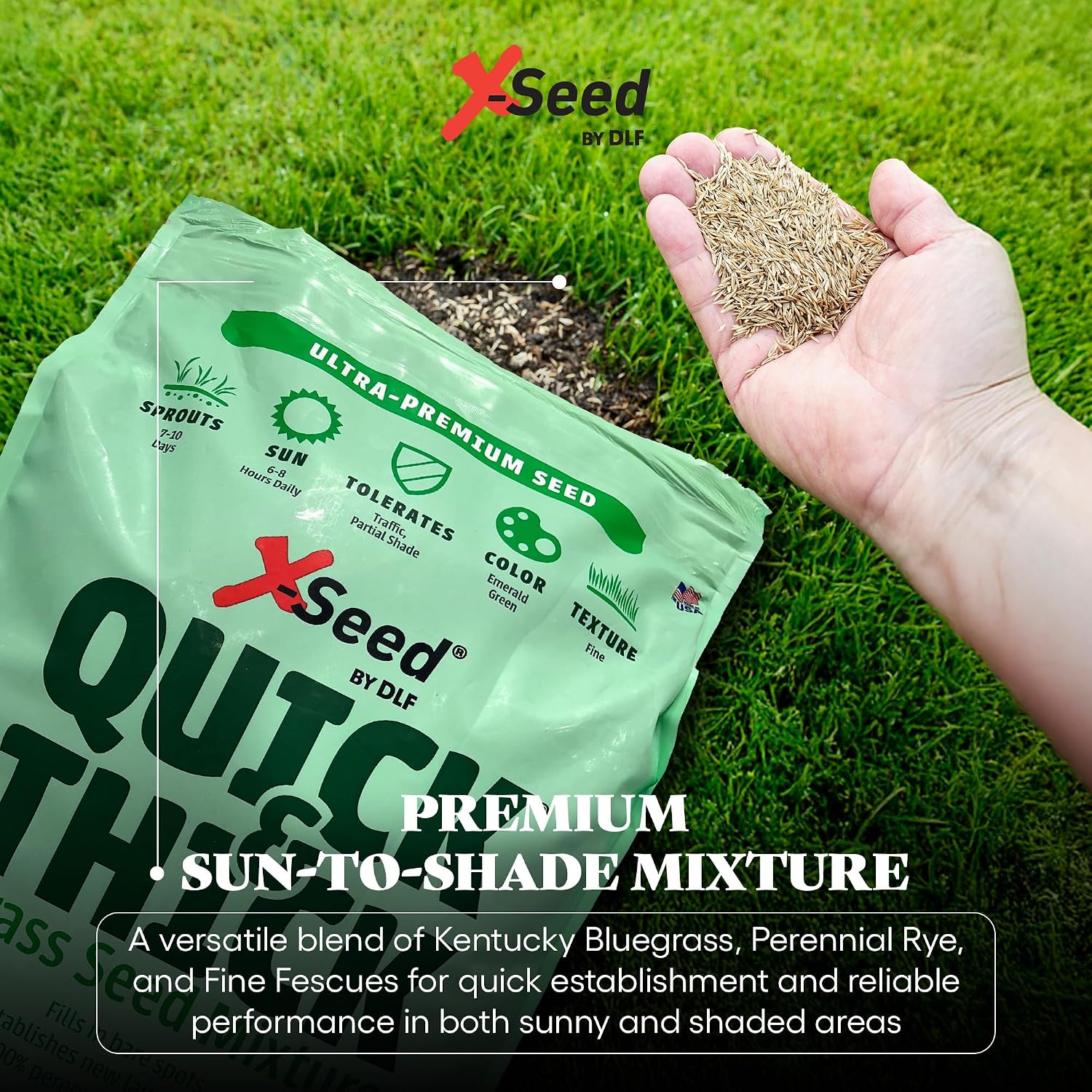 X-Seed Ultra Premium Quick and Thick Lawn Seed Mixture – Rapid Germination for Any Lawn, Dense Coverage in Sun to Shade, High-Traffic Areas, Fescue, Kentucky Blue, & Perennial Ryegrass Blend, 3lb Bag