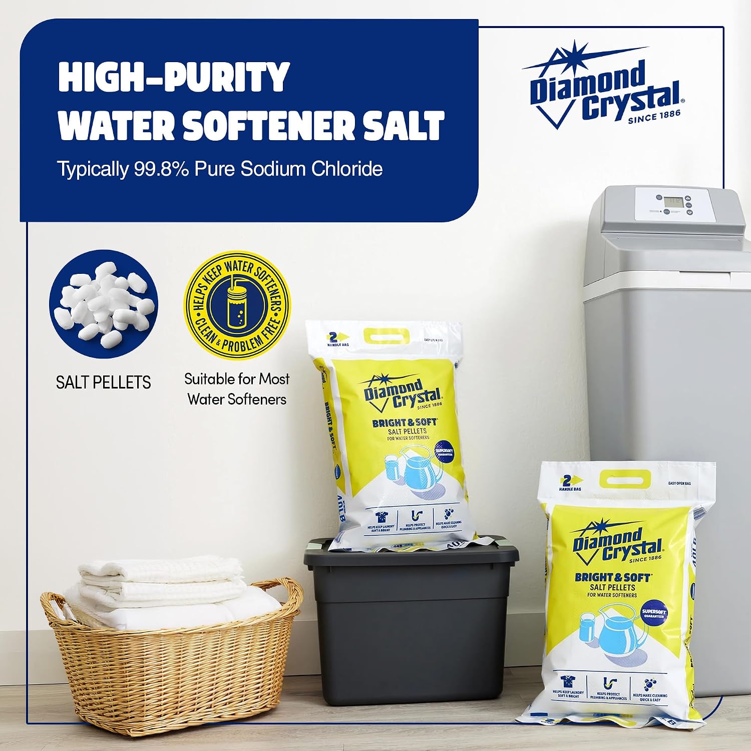 Diamond Crystal 50 lb. Water Softener Salt, Bright & Soft Series, Pellets, 99.8% Purity (Оne Расk)