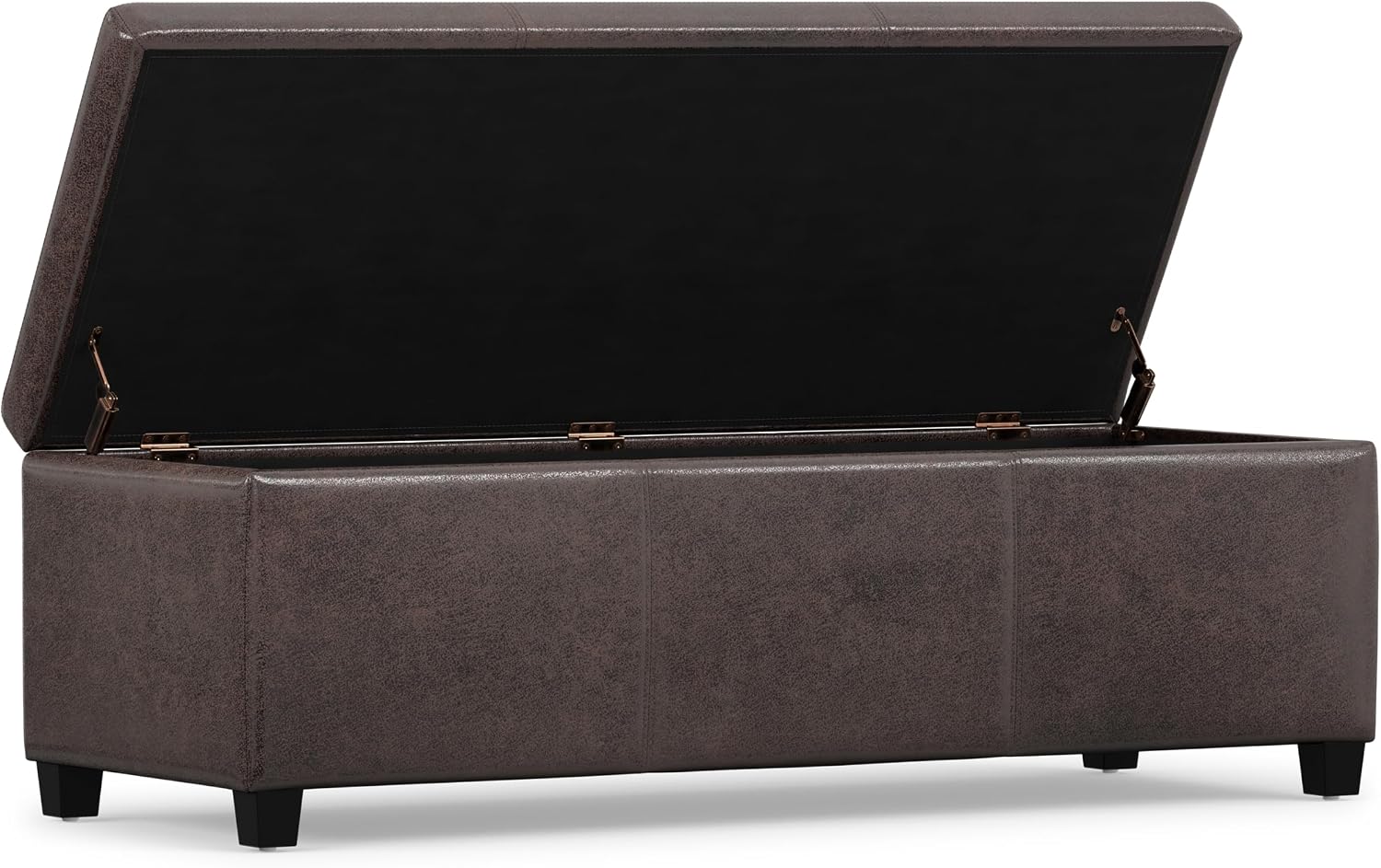 SIMPLIHOME Avalon 48" Wide Vegan Leather Storage Ottoman in Brown