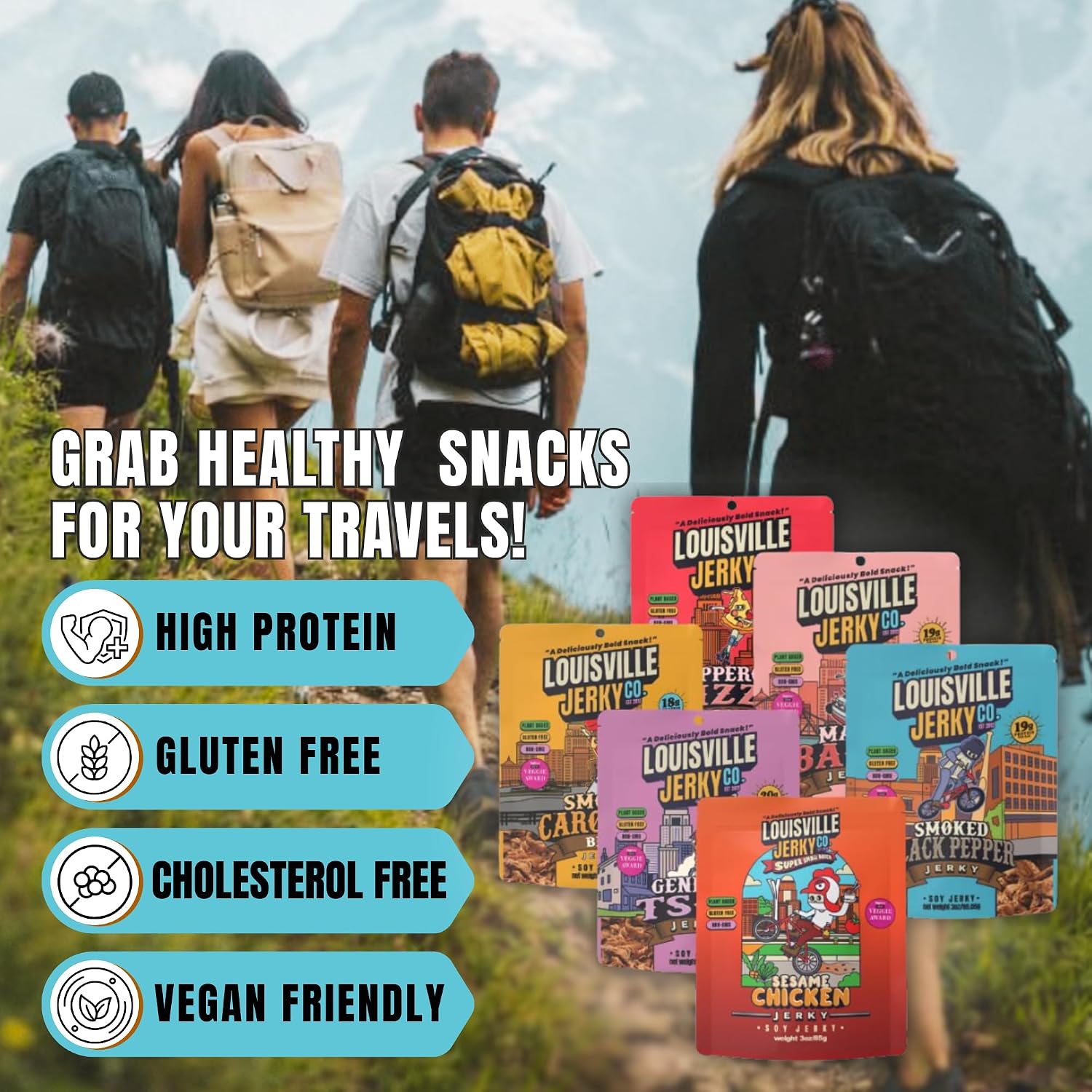 Louisville Jerky Co. Traditional Vegan Jerky Pack, 3 oz, 5-Pack | Plant Based, High Protein Snack, Vegetarian Friendly, BBQ, Buffalo, Maple Bacon, Pepperoni Pizza, Black Pepper