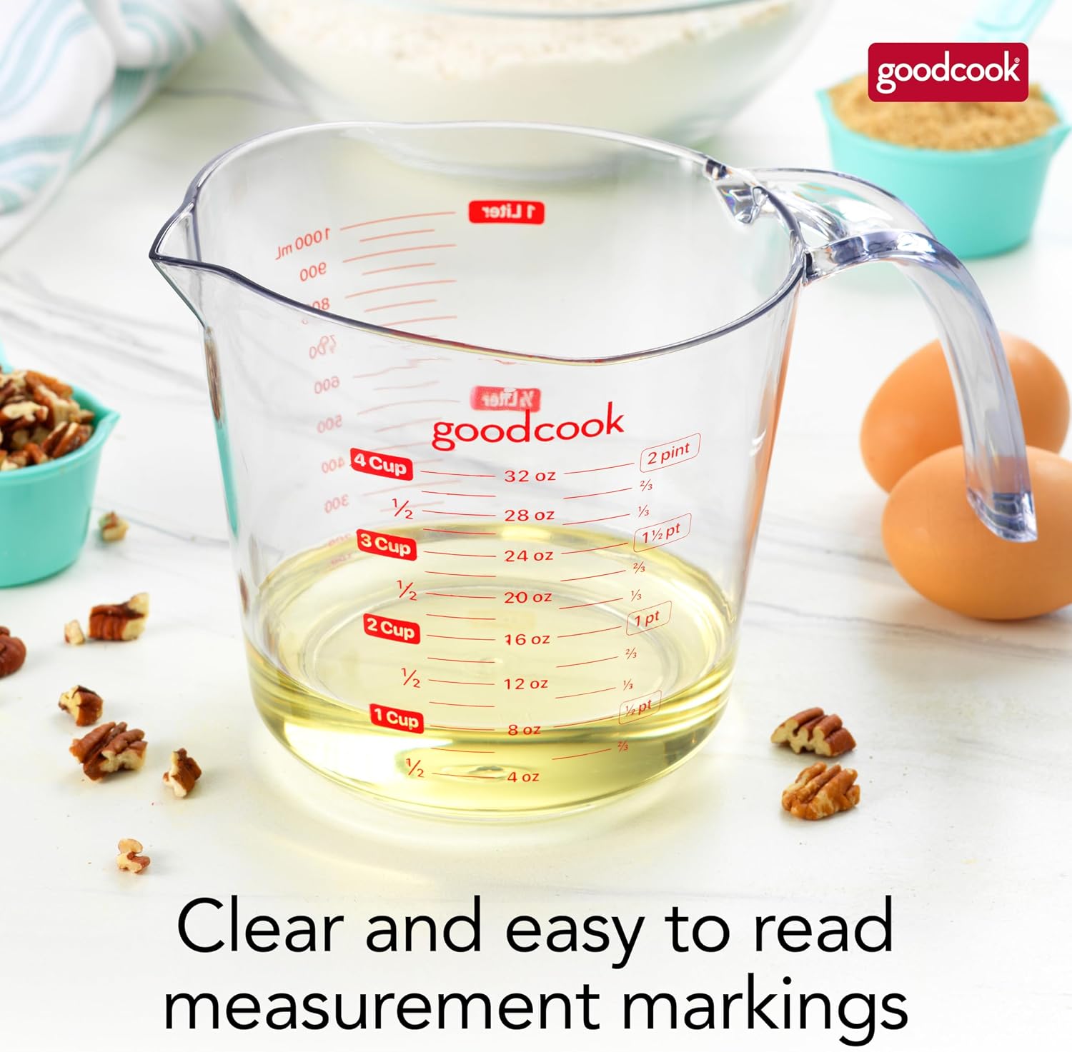 GoodCook Everyday 4-Cup Liquid Measuring Cup, Clear Plastic with Easy-to-Read Markings, Tapered Pour Spout, Comfortable Handle, Measures in Cups, Ounces, Pints, and Milliliters