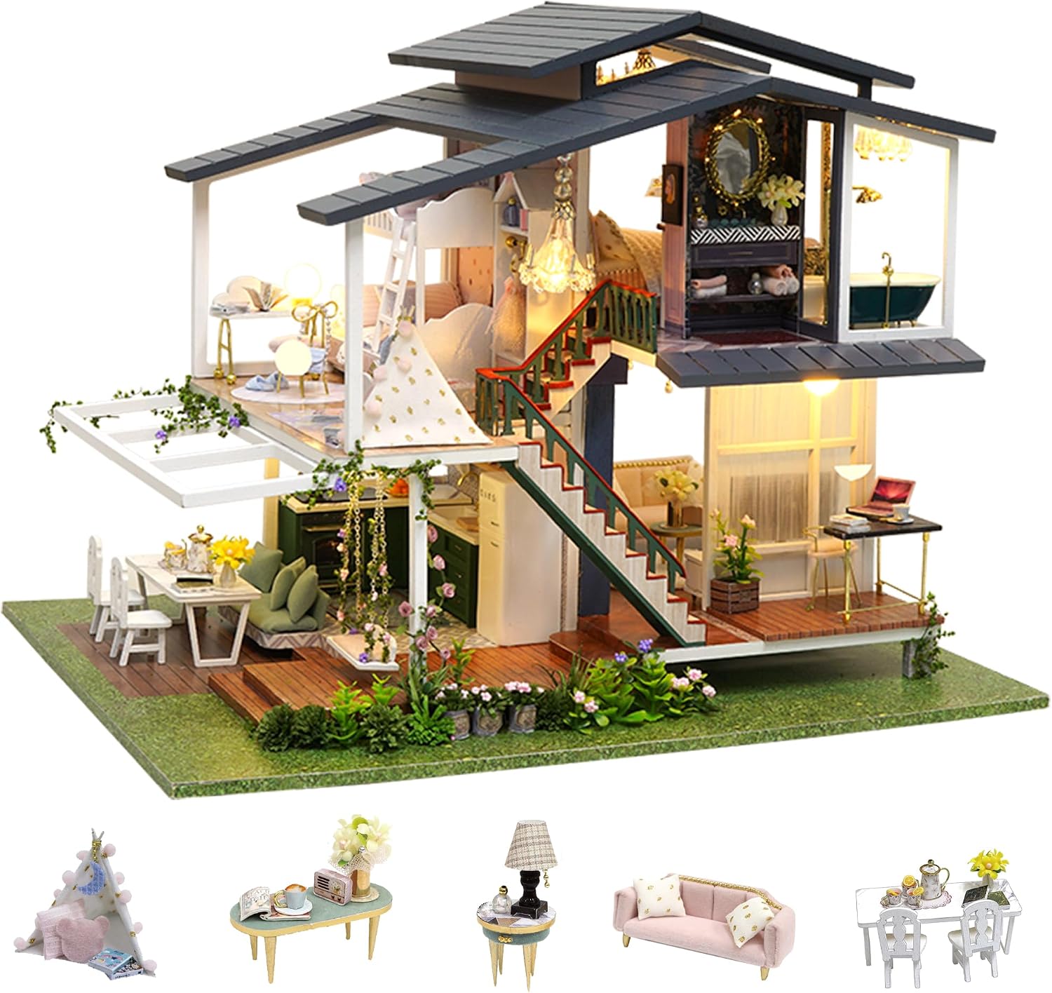 Flever Dollhouse Miniature DIY House Kit Manual Creative with Furniture for Romantic Artwork Gift (Perfect Time Apartment)