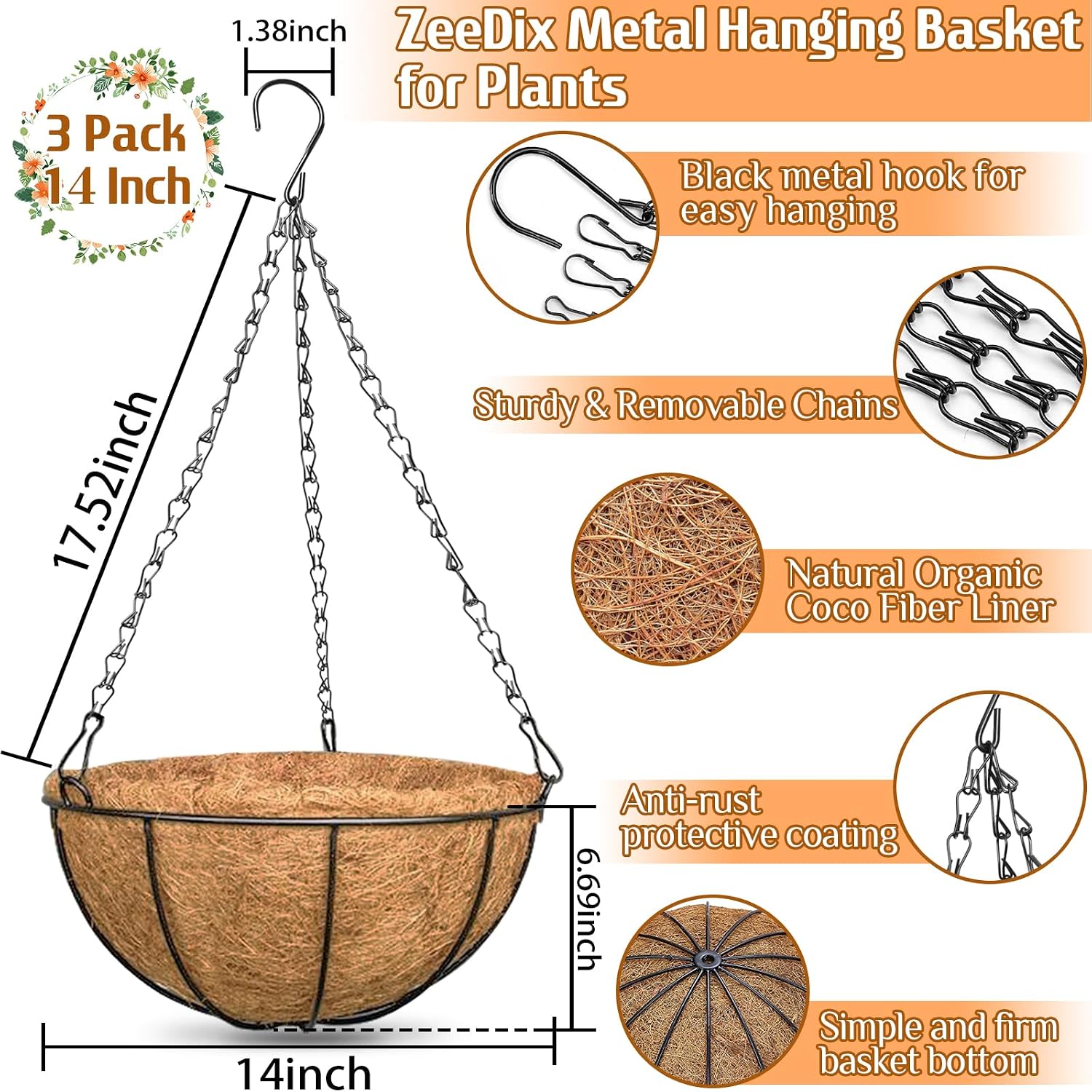 ZeeDix 3 Pack 10 Inch Metal Hanging Baskets