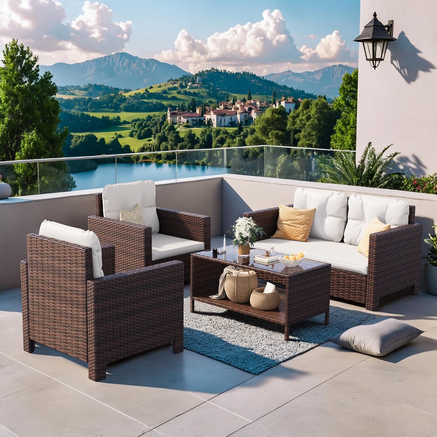 Homall 4 Pieces Patio Furniture Sets Wicker Chair Conversation Sofa