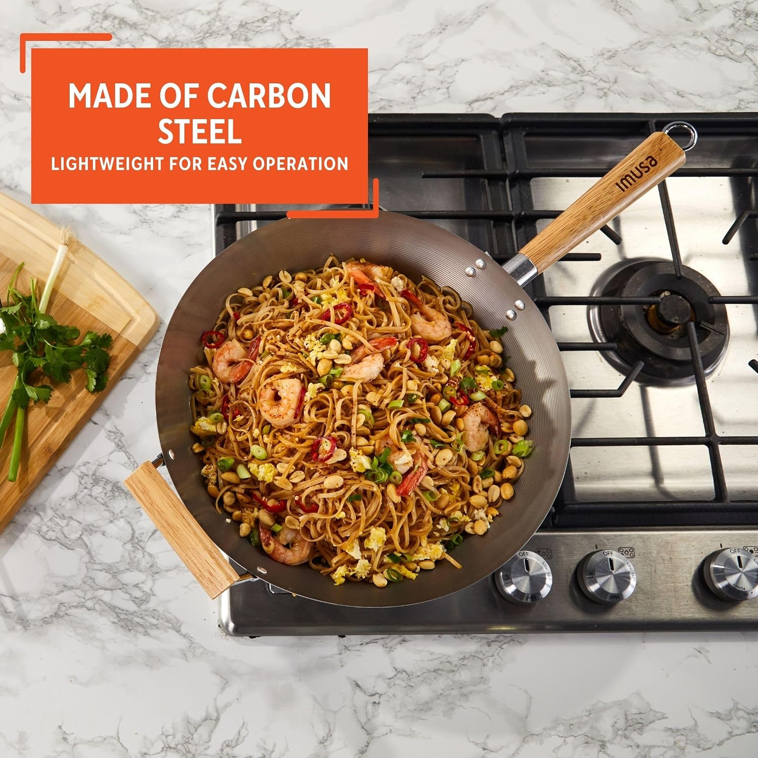 IMUSA 9.5 Inch Carbon Steel Nonstick Wok with Cool-touch Handle, Black | Cool-Touch Handle, Ideal for Stir Fry, Great for Everyday Meals