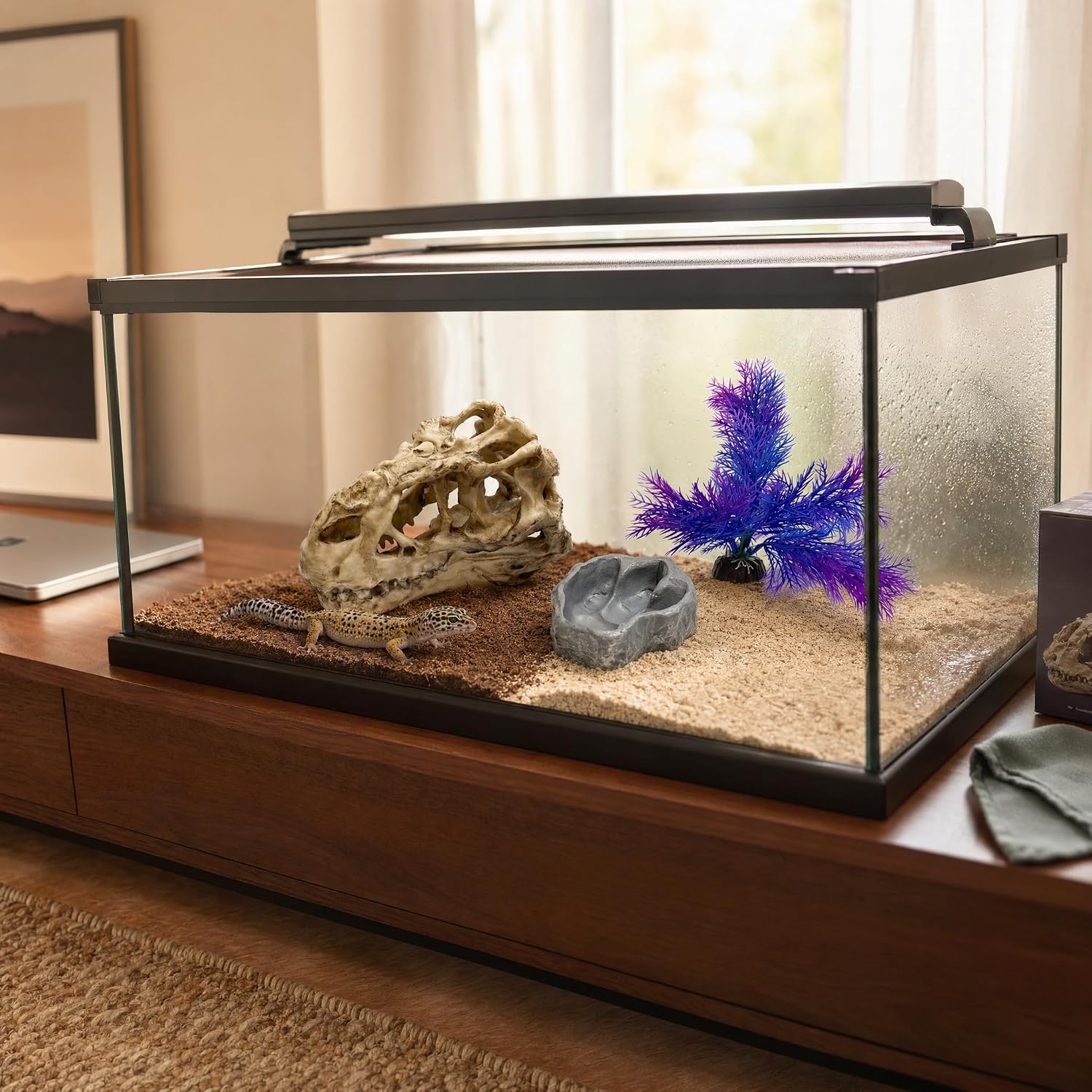 Reptile Tank Accessories Set, Dinosaur Skull Decor with Footprint Reptile Bowl and Artificial Plant, Bearded Dragon Tank Accessories