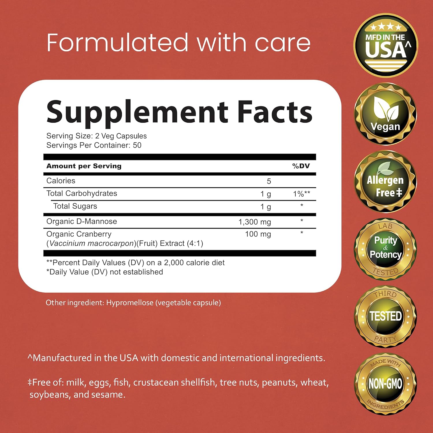 NaturaLife Labs Organic D-Mannose 1300mg + Organic Cranberry Extract 100mg per Serving – Urinary Tract Support – Non-GMO, Gluten-Free & Vegan – 100 Capsules