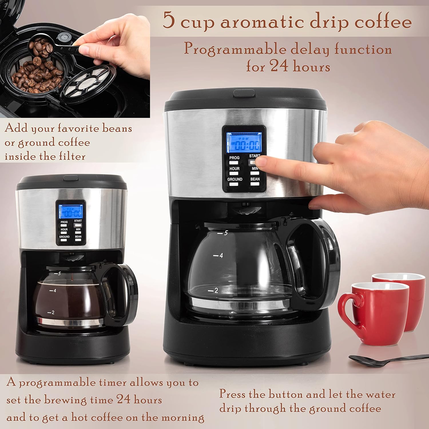 Mixpresso 5-Cup Drip Coffee Maker, Automatic Brew Coffee Pot Machine with Built-In Burr Coffee Grinder
