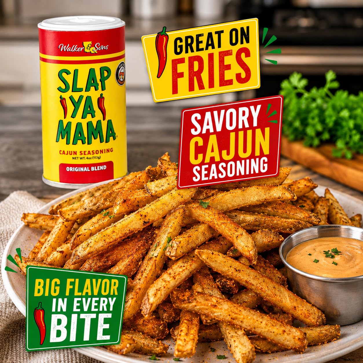 Slap Ya Mama Original Cajun Seasoning, 4 oz | one 4 oz canister of Original Blend Cajun seasoning for chicken, seafood, vegetables, grilling
