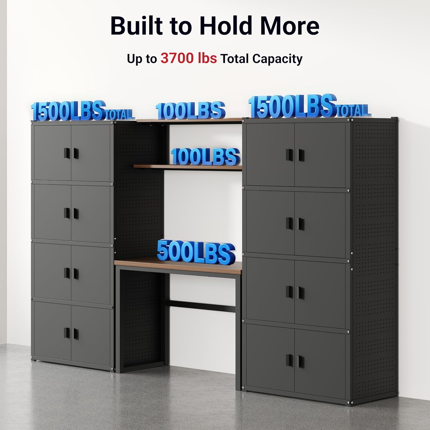 FLEXIMOUNTS 117"W Modular Garage Storage Cabinet with Workbench, Black | 6 Doors, 3700lbs capacity, Metal board shelf includes pegboard, 3-in-1 metal tool cabinet, 24-gauge steel, FLEXIMOD Series