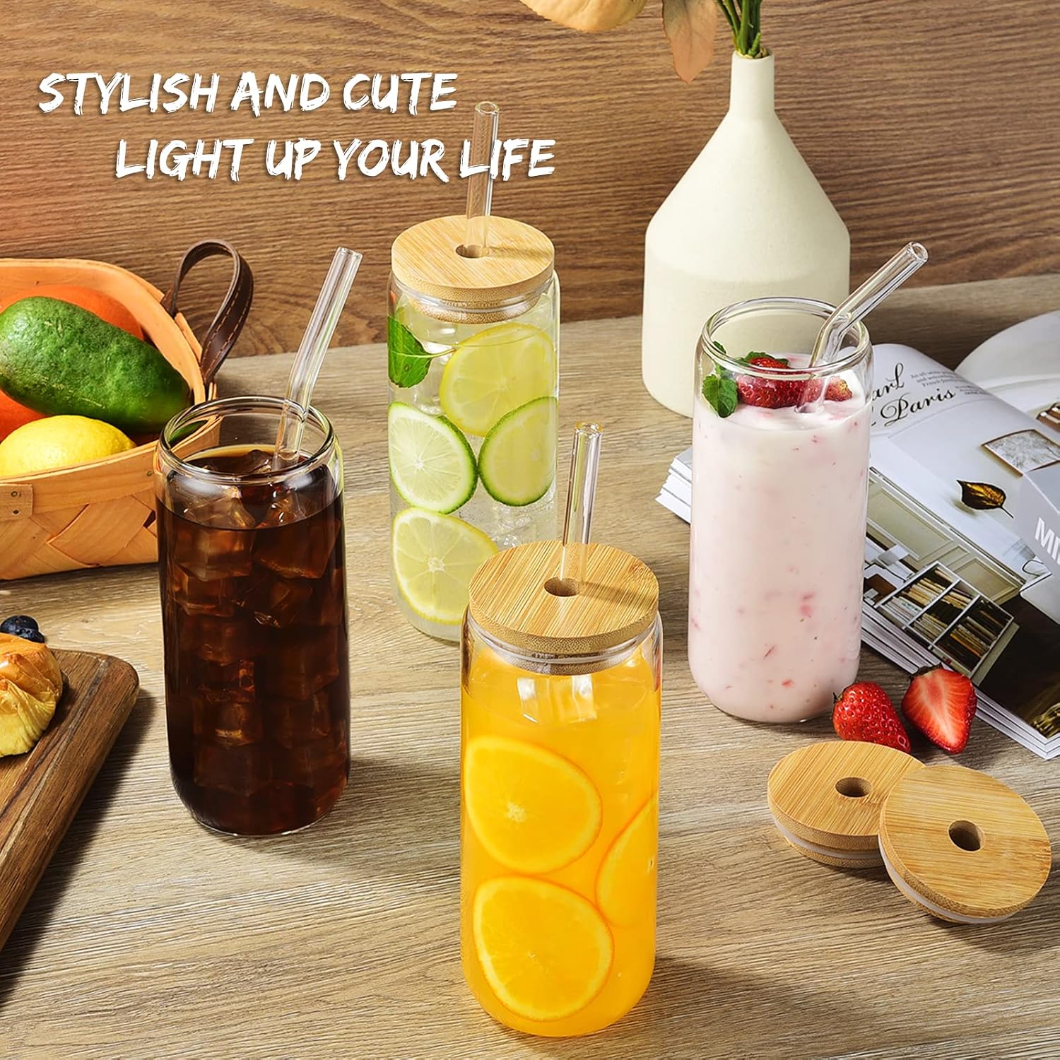 20 Oz Drinking Glasses - 6 Pcs Glass Cups with Bamboo Lids and Straws | Food-grade durable clear tumbler, Coffee bar accessories, Aesthetic gift