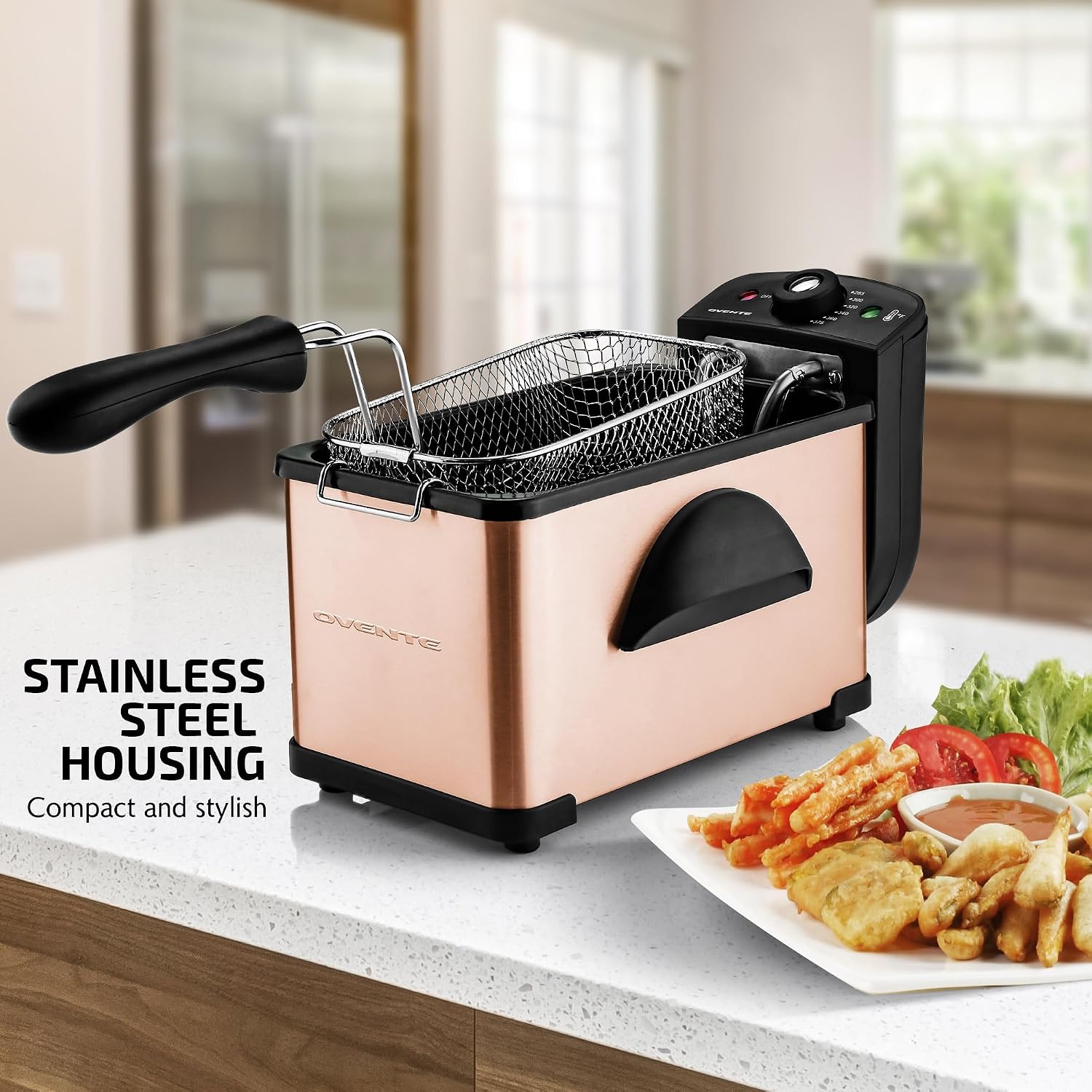 OVENTE Electric Deep Fryer, 0.9L Capacity, 840W, Silver FDM1091BR | Adjustable Temperature Knob, Locking Lid, Removable Frying Basket and Cool Touch Handle, Easy to Clean Stainless Steel Body