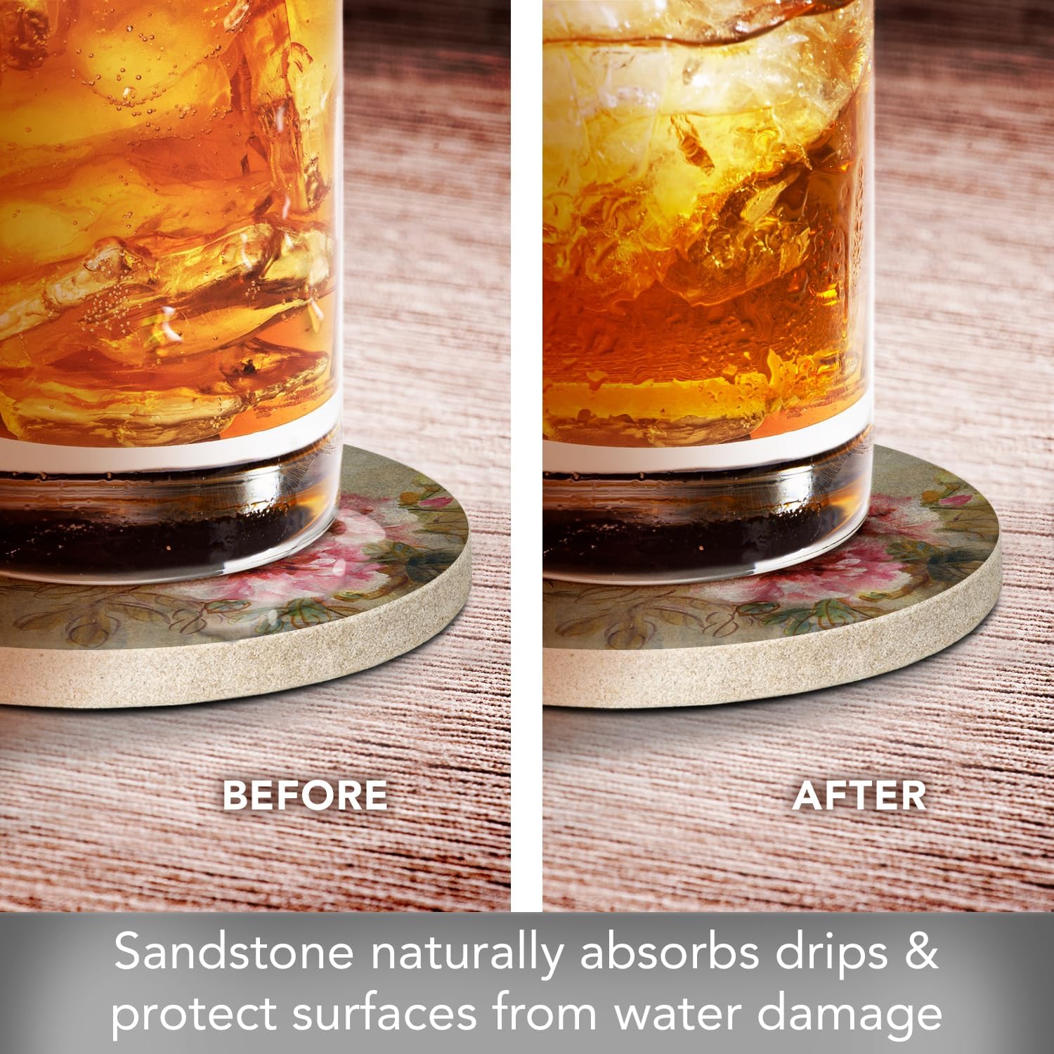 Thirstystone Paeona II Natural Sandstone Coaster 4 Pack | 4” Diameter, Manufactured in the USA, Protective Cork Backing