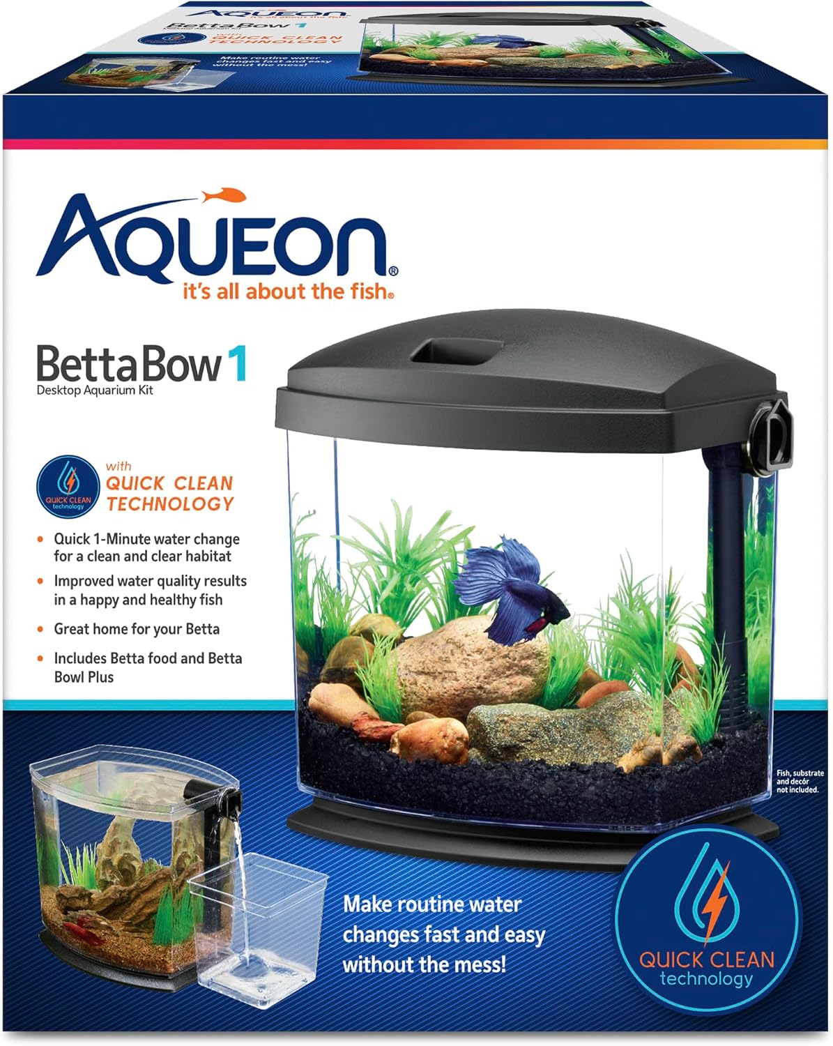 Aqueon BettaBow with Quick Clean Technology Aquarium Kit, Freshwater, Betta Fish, 1-Gallon, Black