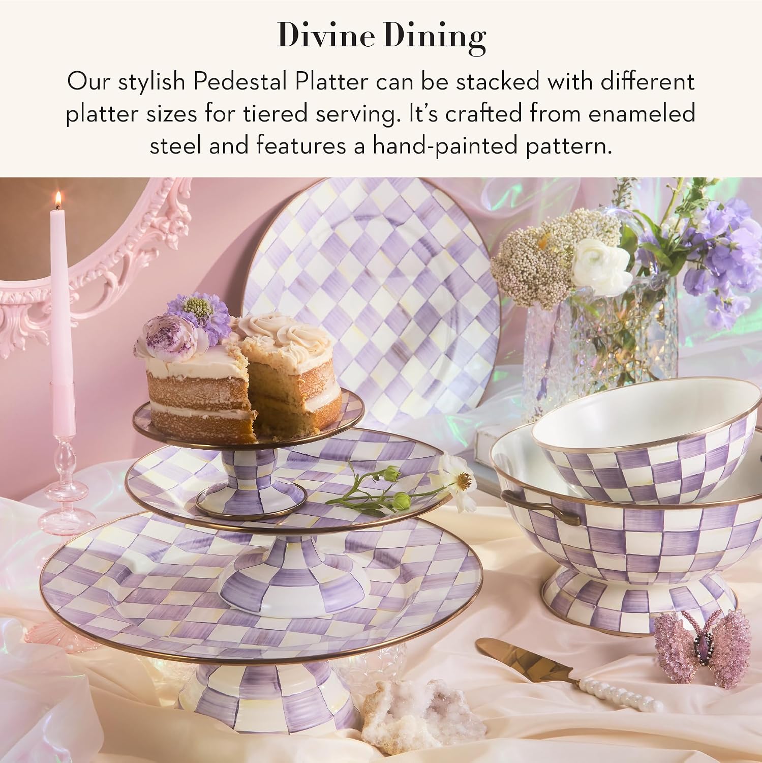 MACKENZIE-CHILDS Pedestal Platter, Mini, Black-and-White Courtly Check | Hand-painted design, made from enameled steel, stackable round cake stand for serving desserts, 8" dia. x 3" H