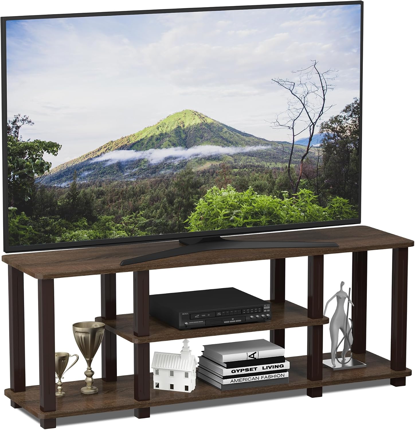 Furinno Turn-N-Tube No Tools 3D 3-Tier Entertainment TV Stand up to 50 inch TV, Round Tubes, French Oak Grey/Black | for TV up to 50 Inch, Open Frame Rectangular Entertainment Center with Storage Shelf, TV Console, for Living Room, Bedroom