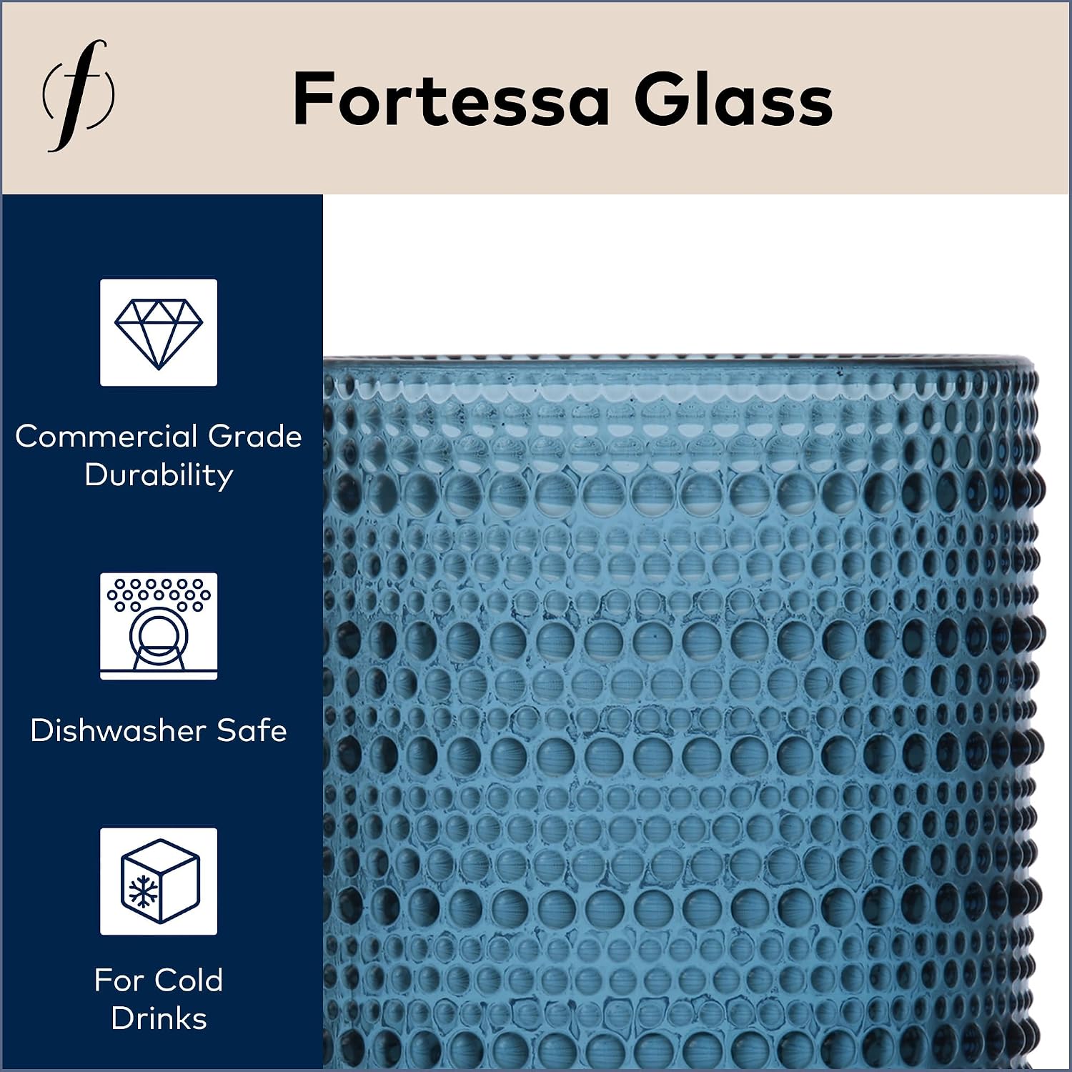 FORTESSA Jupiter Beaded Hobnail Glass Vintage Themed Drinkware Set, 10 Ounce Double Old Fashioned Glass (Set of 6), Dishwasher-Safe, Blue
