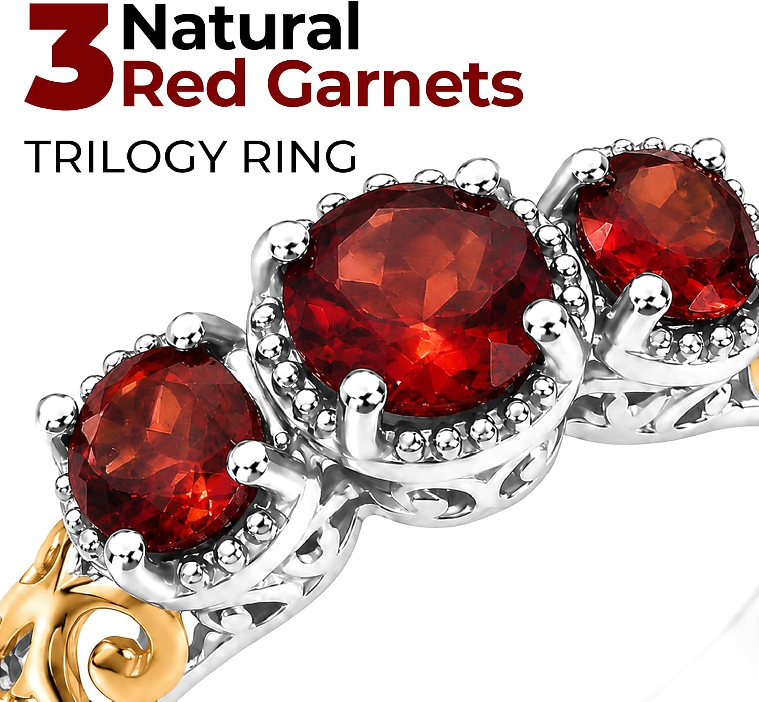 3 Stone Garnet Ring Silver with 14K Gold Plating January Birthstone Ring