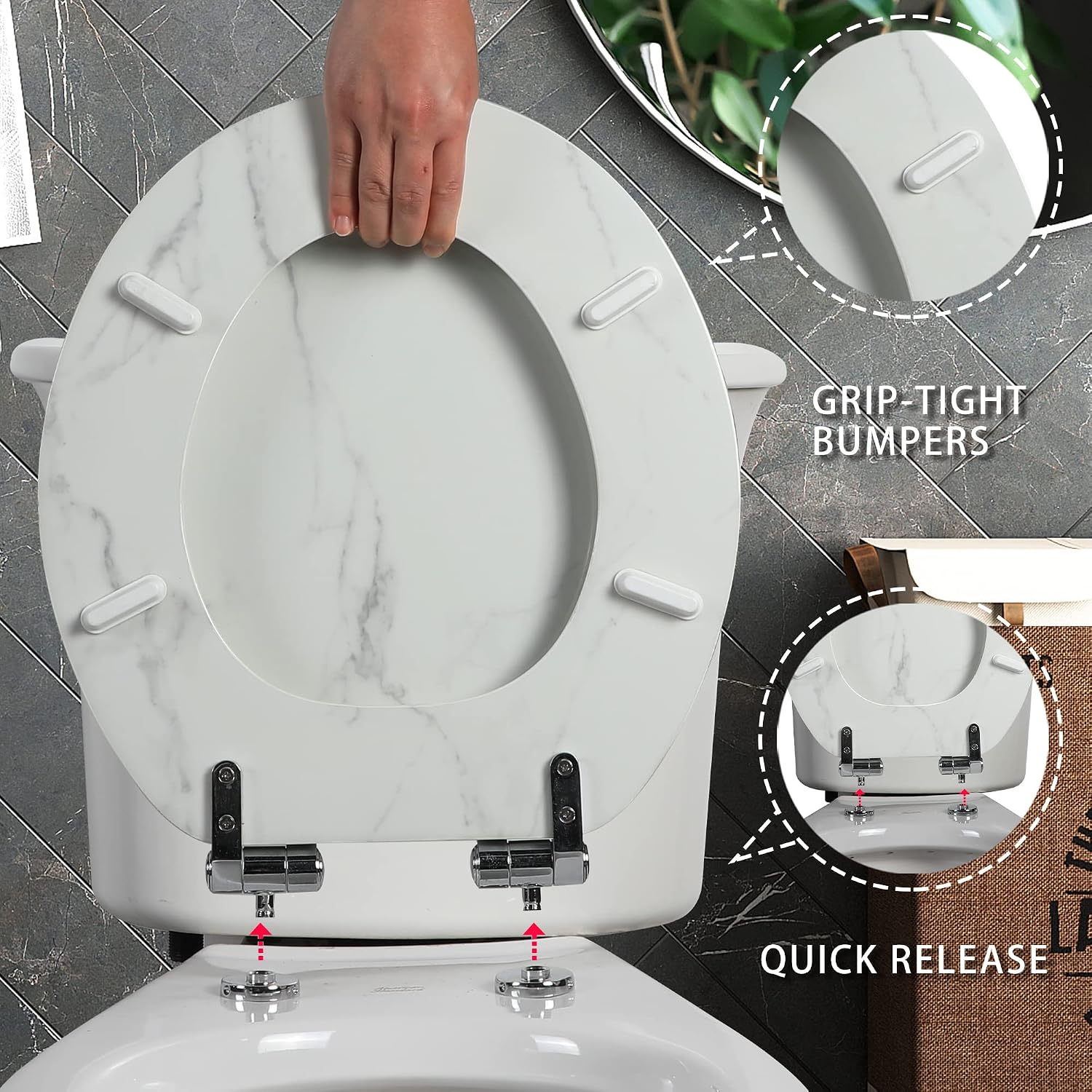Angel Shield Marble Toilet Seat Durable Molded Wood with Quiet Close,Easy Clean，Quick-Release Hinges (Elongated,Black Marble)