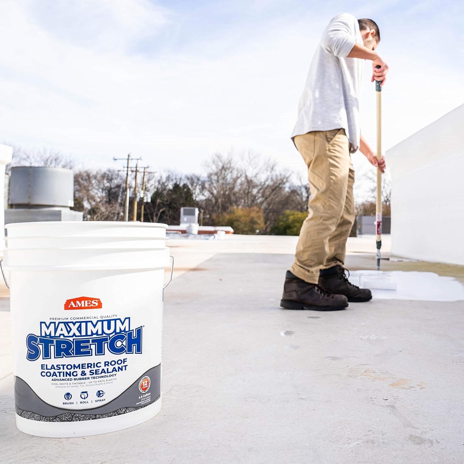 Ames Maximum Stretch - Waterproof Sealant Membrane - Perfect For Roofing, Repairs, Concrete, EPDM & Wood - Liquid Rubber Sealer - Up To 650% Elastic - Made in USA, White, 4.6 Gallon (Pack of 1)