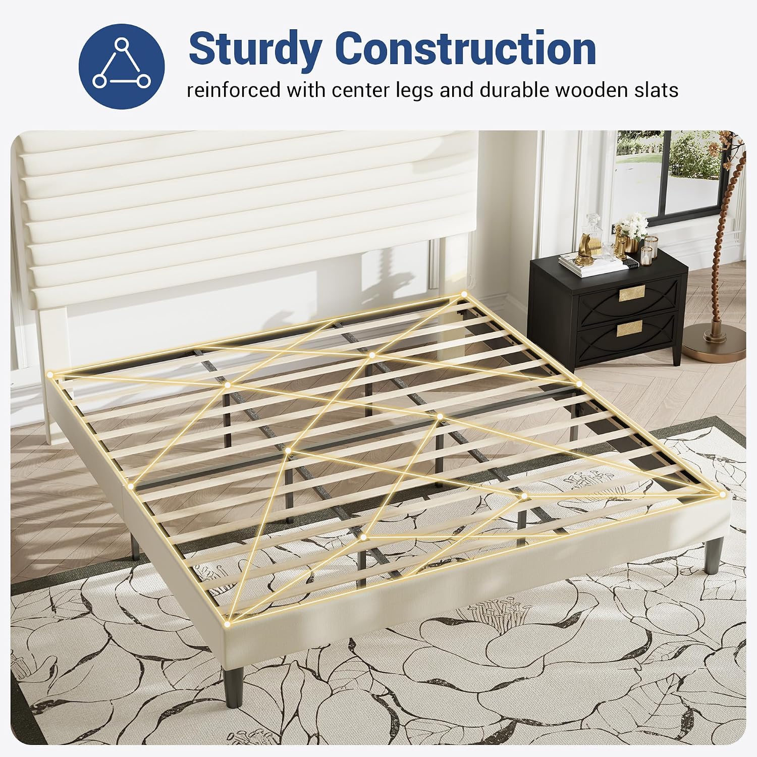 Allewie Queen Bed Frame, Velvet Upholstered Platform Bed with Adjustable Headboard, Horizontal Channel Design, Wood Slat Support, No Box Spring Needed, Noise Free, Easy Assembly, White