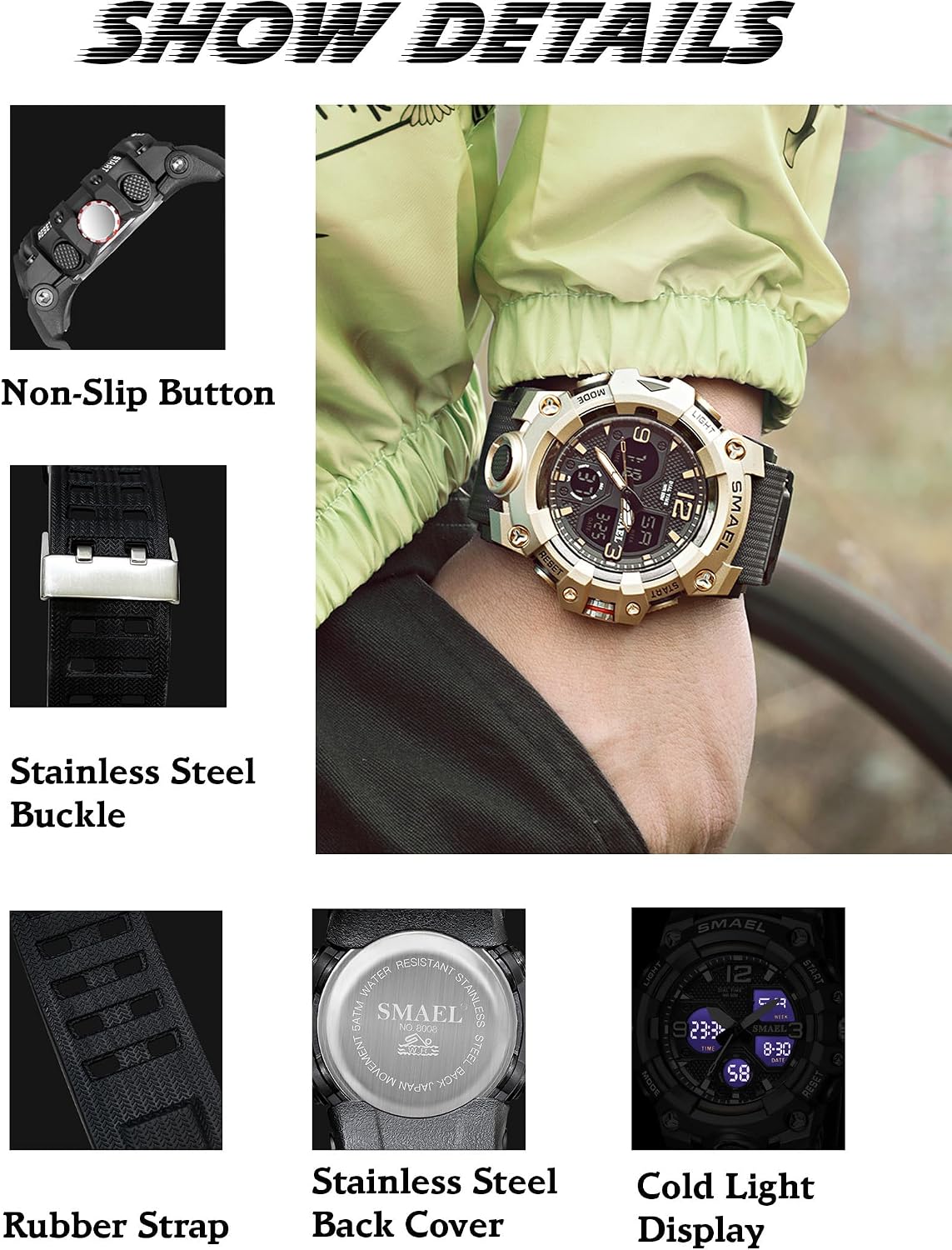Gosasa Men's Large Face Outdoor Sports Watches Military S-Shock Watch Waterproof, Backlight, Alarm, Stopwatch Features - Rugged Wristwatch for Training, Hiking, and Adventure