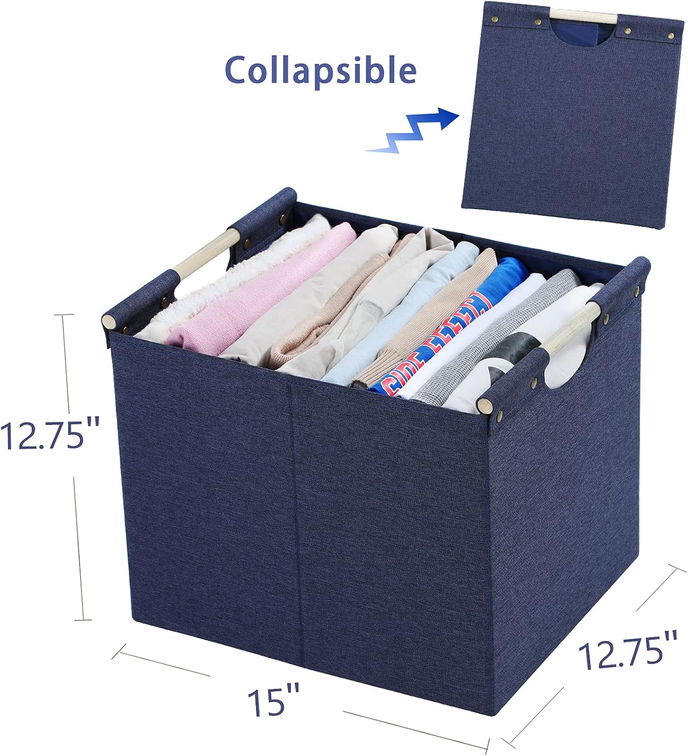 HOONEX Large Collapsible Storage Bins, Linen Fabric, 2 Pack, Storage Baskets with Wooden Carry Handles and Sturdy Heavy Cardboard, for Home, Office
