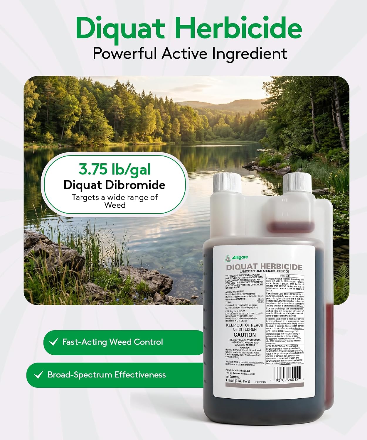 Alligare Diquat Herbicide to Control Bluegrass, Duckweed, Hydrilla & More - Glyphosate Alternative, Fast-Acting Non-Selective Liquid Weed Killer for Aquatic & Landscape Use - 2.5 Gallon