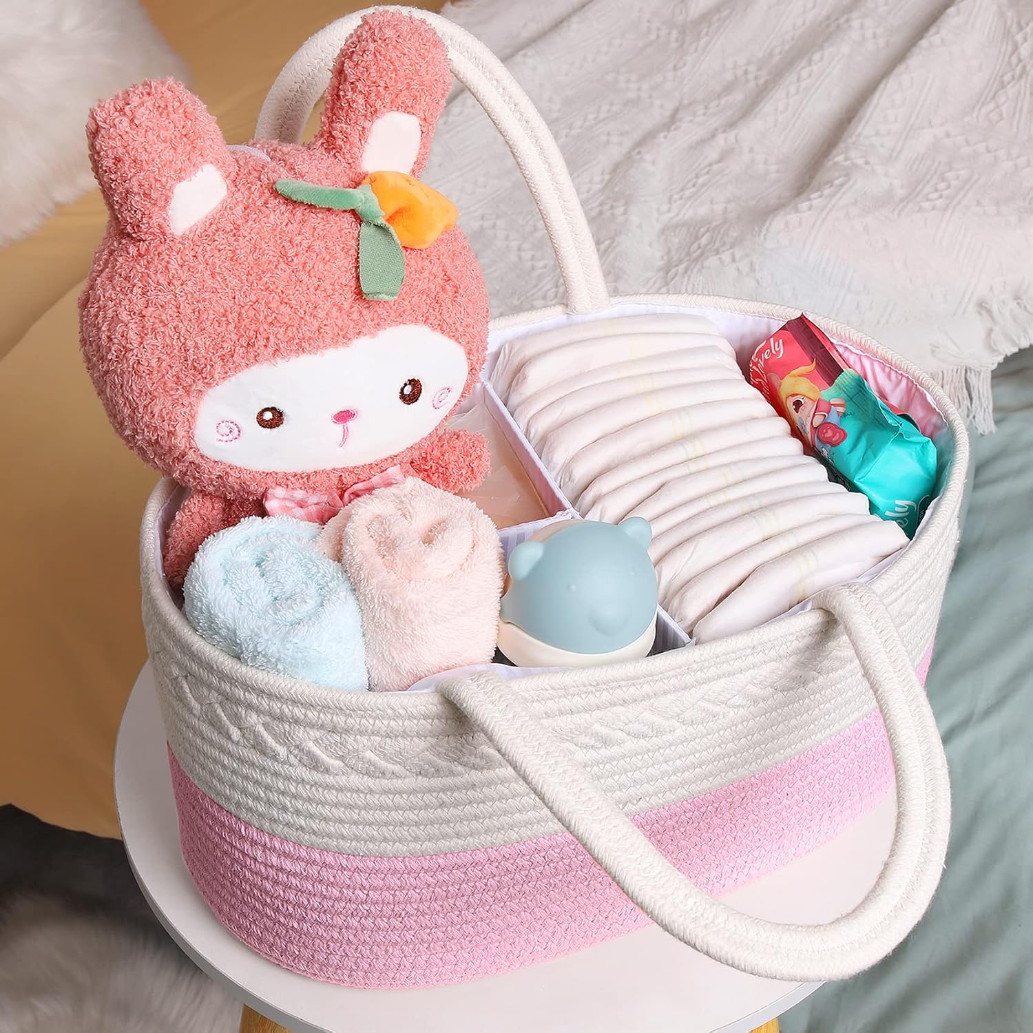 ABenkle Baby Diaper Caddy, Nursery Storage Bin and Car Organizer for Diapers and Baby Wipes, Cotton Rope Diaper Basket Caddy